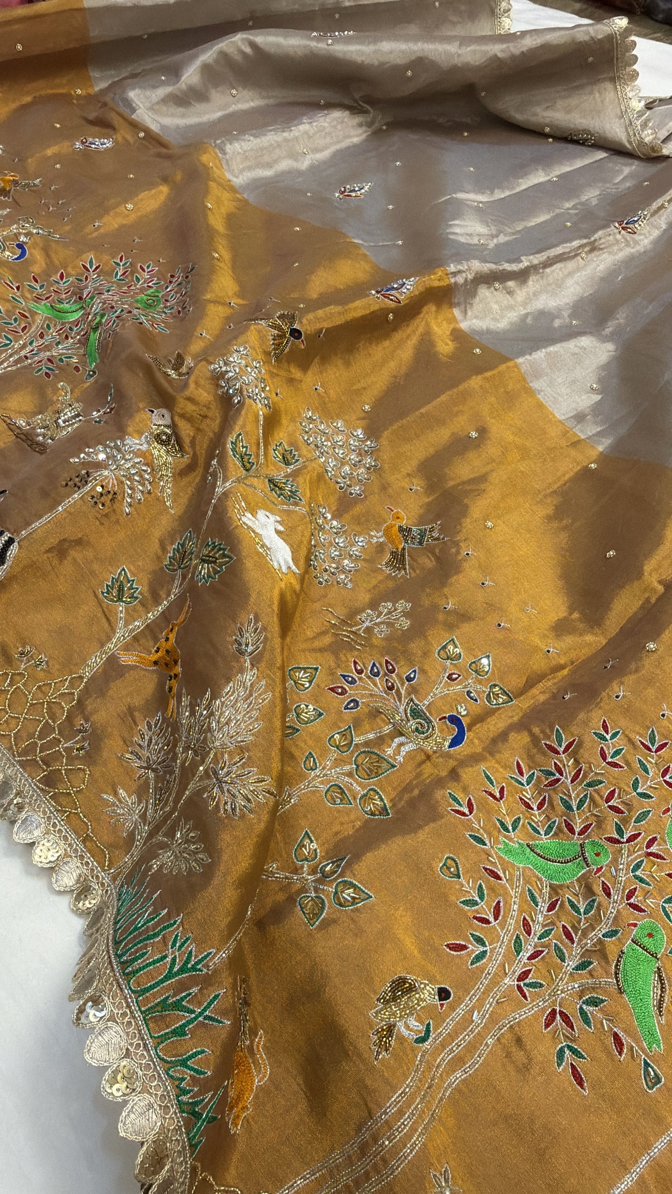 Sona rupa weaving husn tissue silk shikargah hand embroidered kadhwa saree