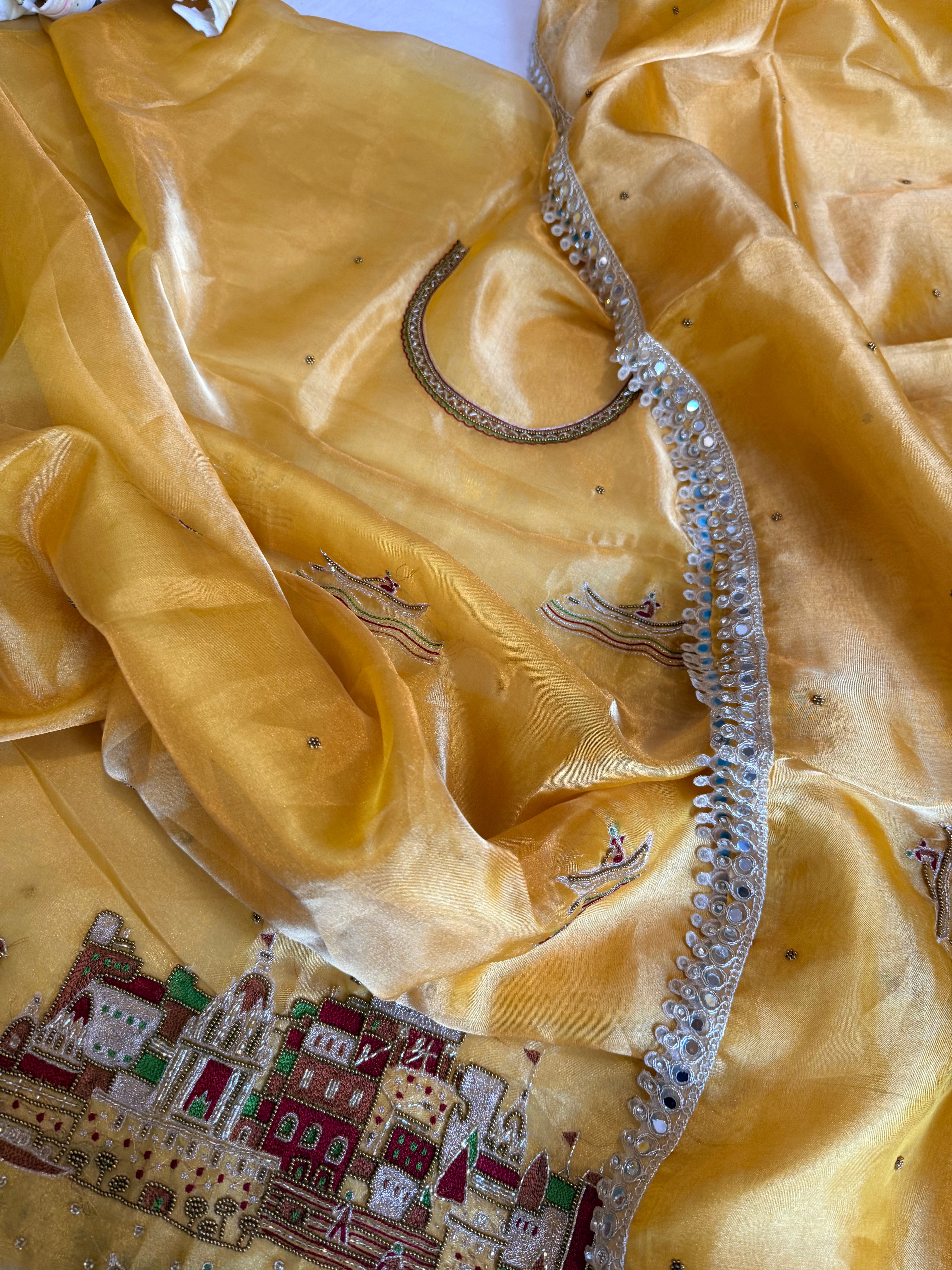 Ghat Banarasiya edit - Haldi yellow diamond tissue silk hand embroidered suit