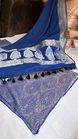 Royal blue moonga brocade silk suit set