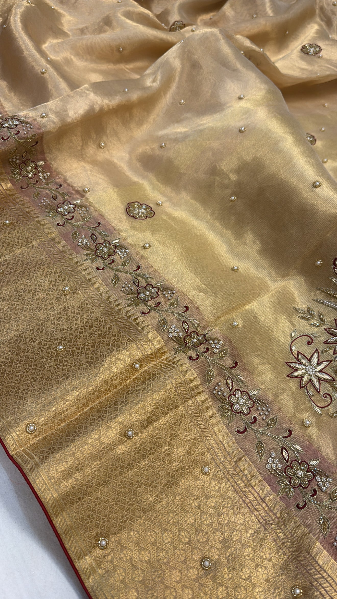 Molten gold husn tissue silk meenakari hand embroidered kadhwa saree