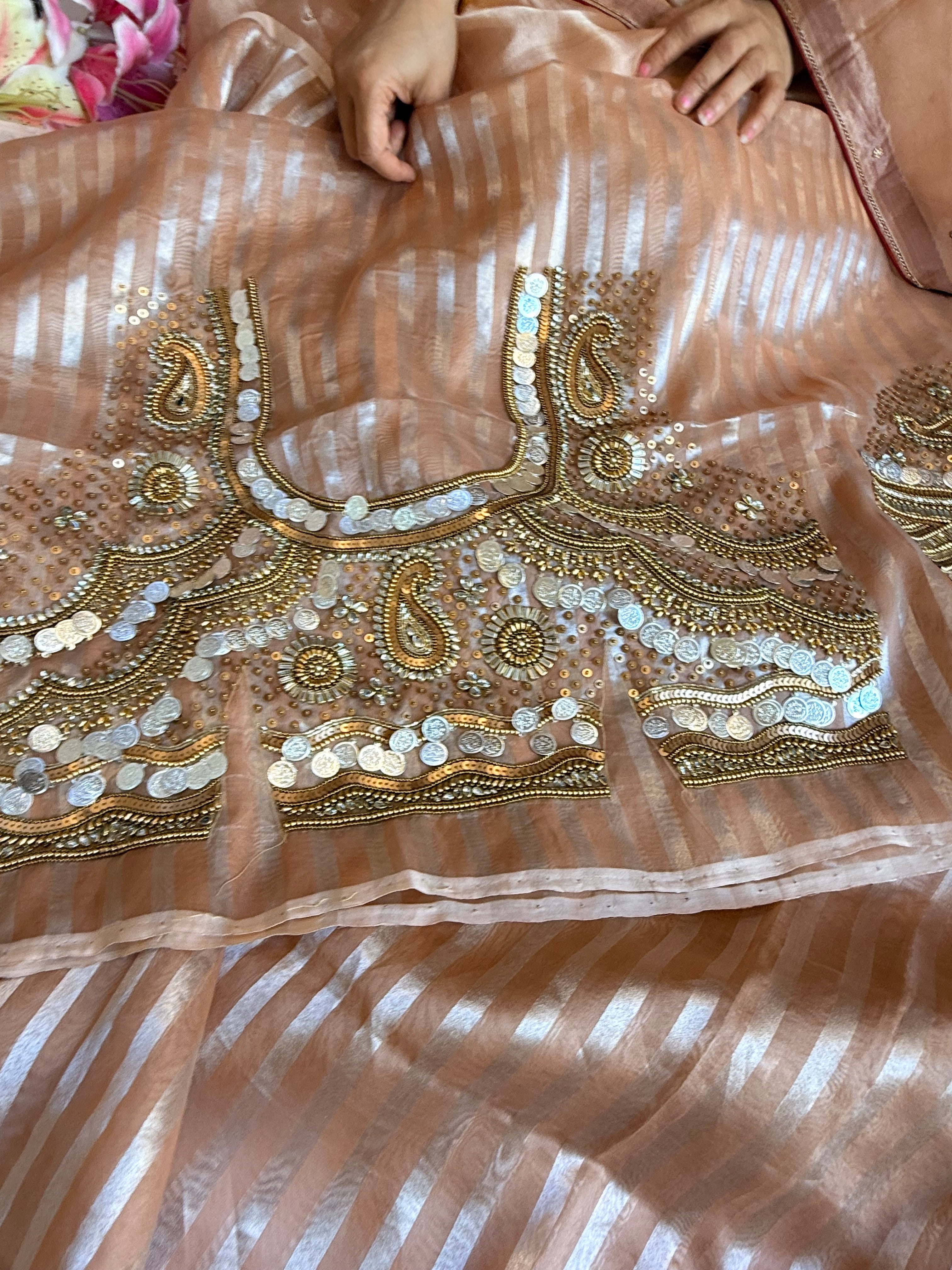 Kundan blouse edit -Rose peach tissue silk hand embroidered striped saree with jewellery blouse