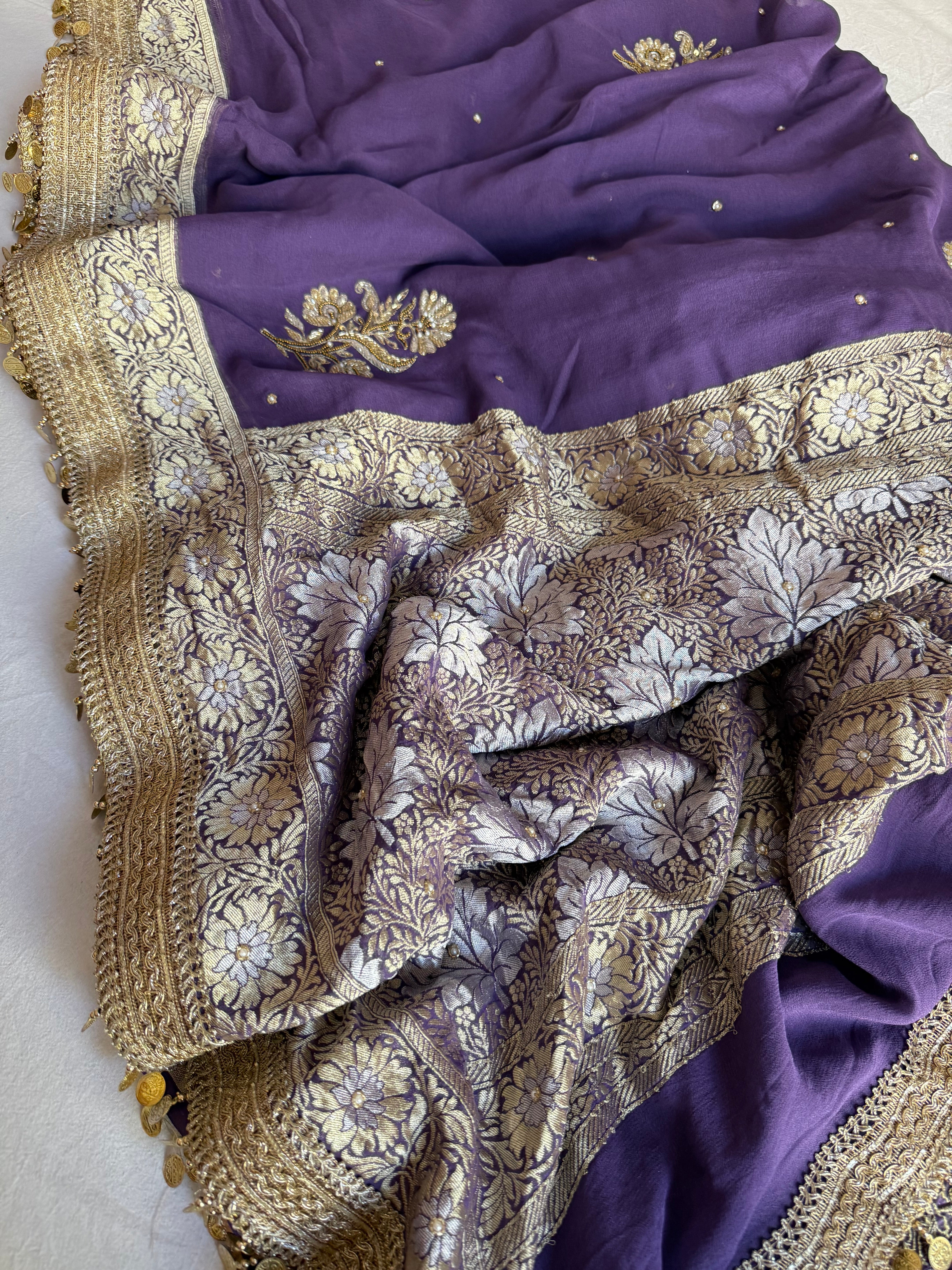Dusty lavender gorgette banarasi kadhwa hand embroidered saree