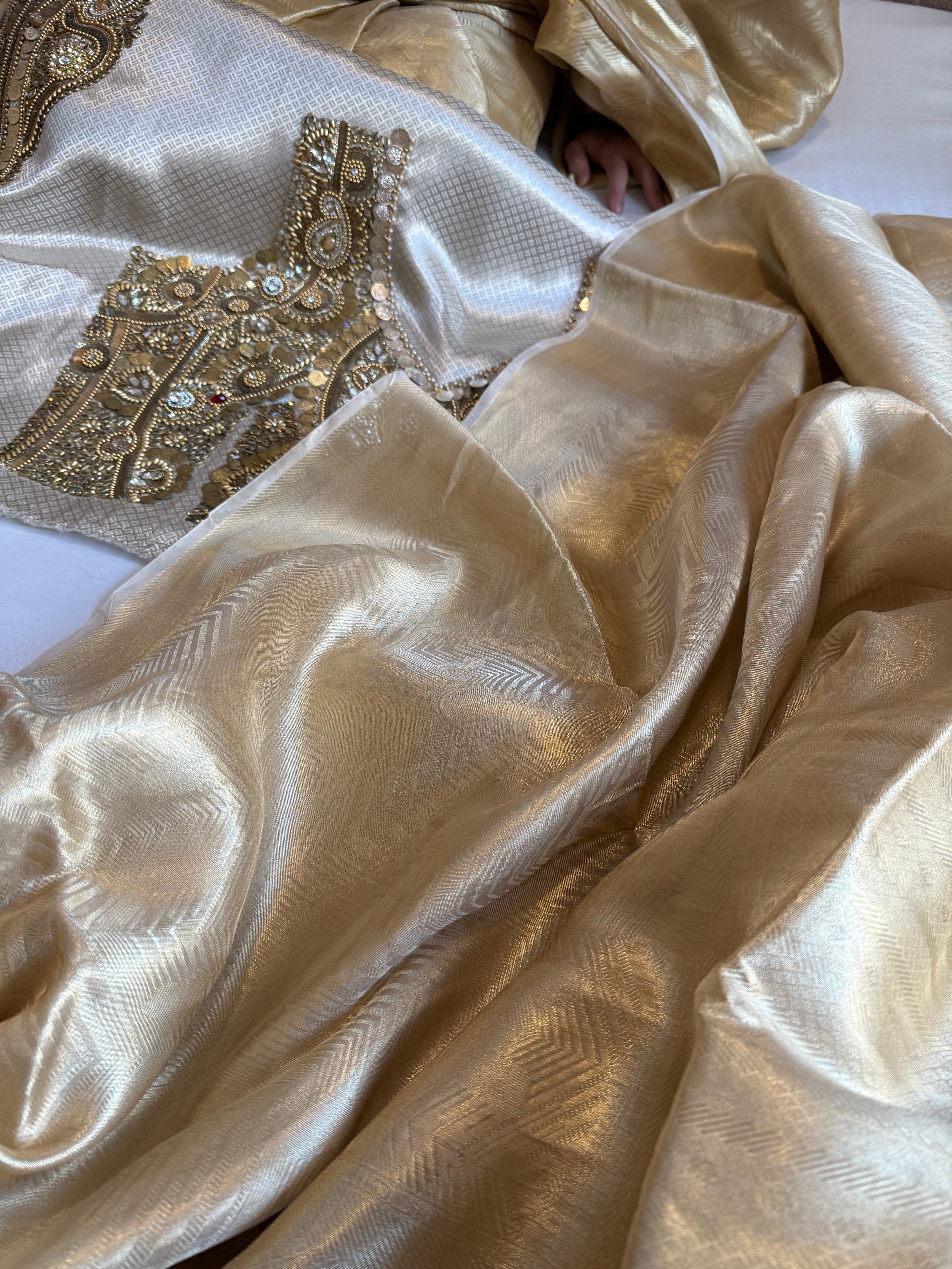 Jhanvi kapoor inspired “jadau edit” tissue brocade saree with jadau hand embroidered blouse piece