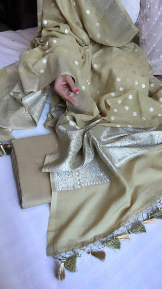 Pale olive green moonga silk kohniya buti kadhwa suit set