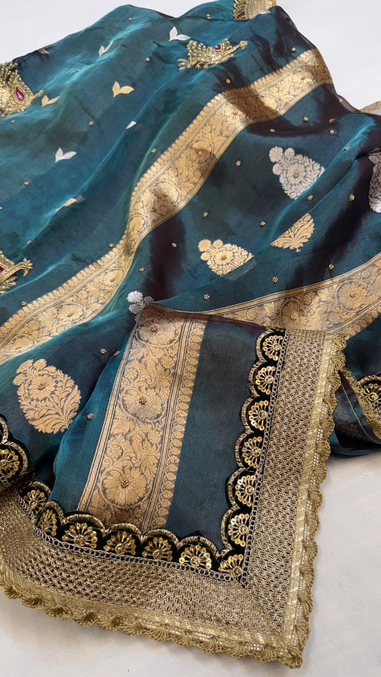 Baarat wali saree - Peacock blue husn tissue silk hand embroidered saree