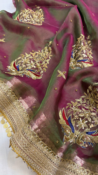 Baarat wali saree - Pink-green dhup chao effect peacock motif hand embroidered tissue silk saree