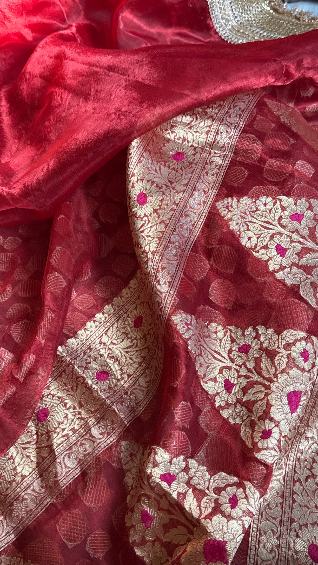 Teej special - Blood red tissue silk heavy meenakari pallu kadhwa saree