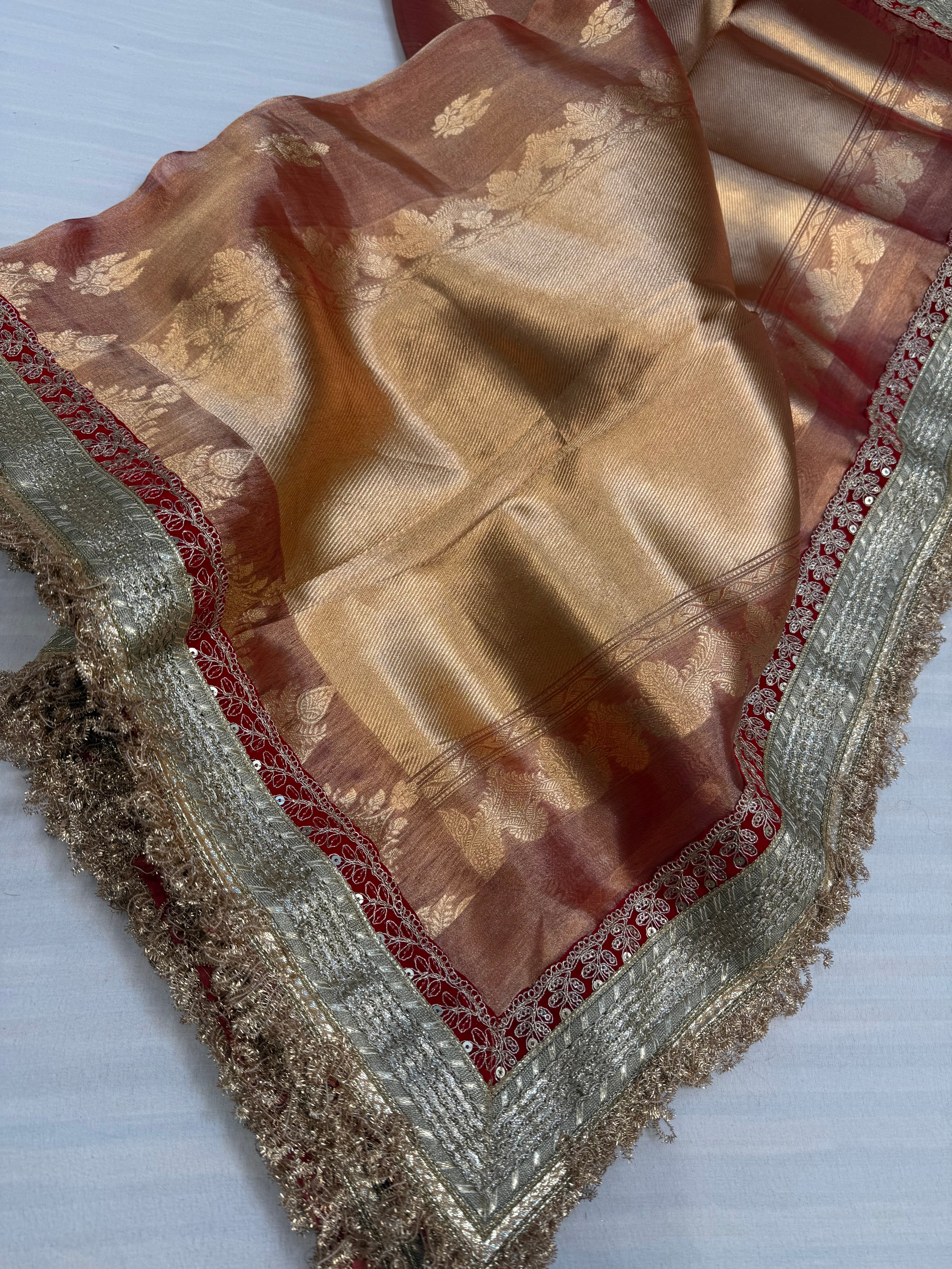 Cherry pink maharani tissue silk kadhwa buti saree