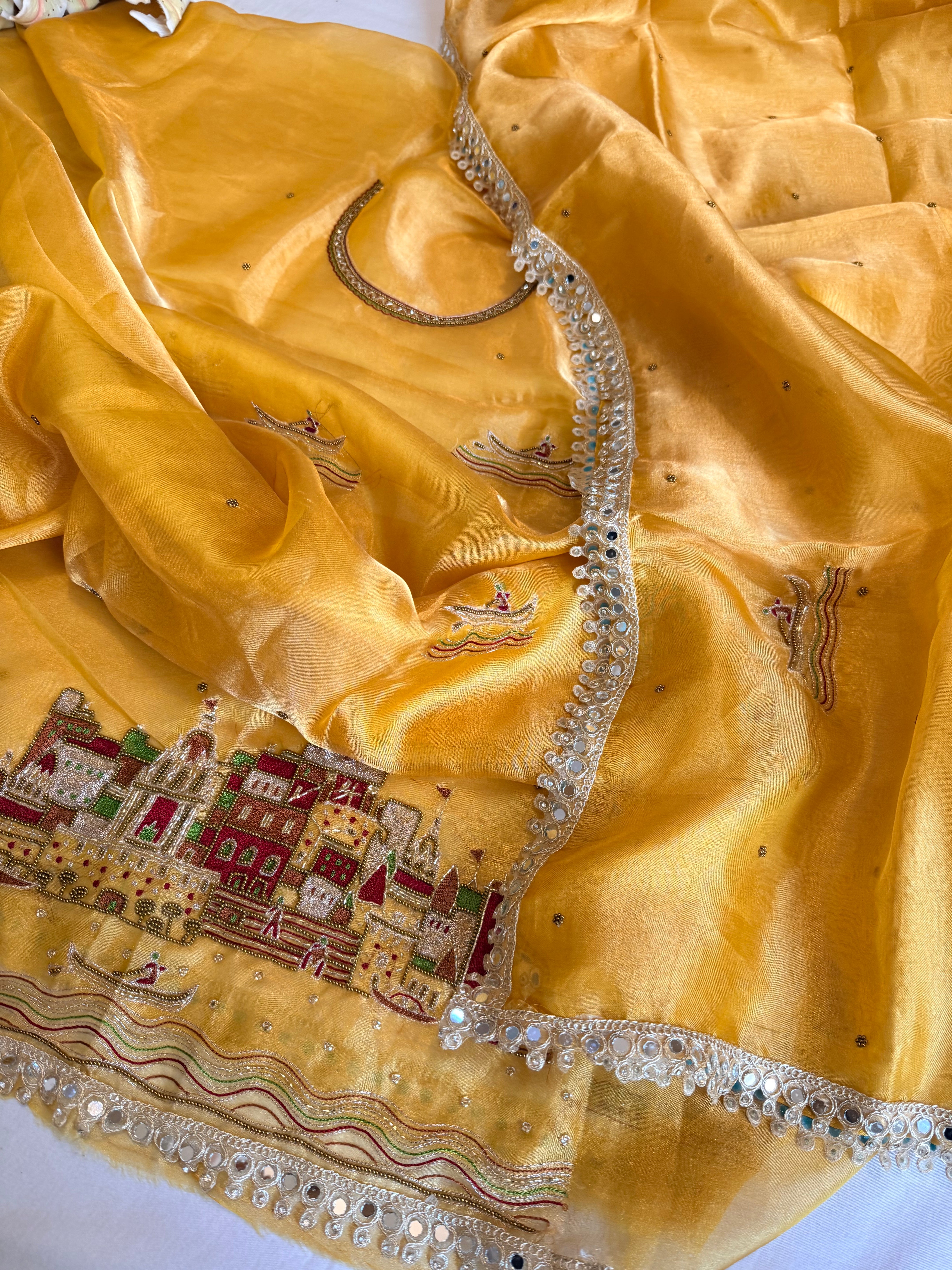 Ghat Banarasiya edit - Haldi yellow diamond tissue silk hand embroidered suit