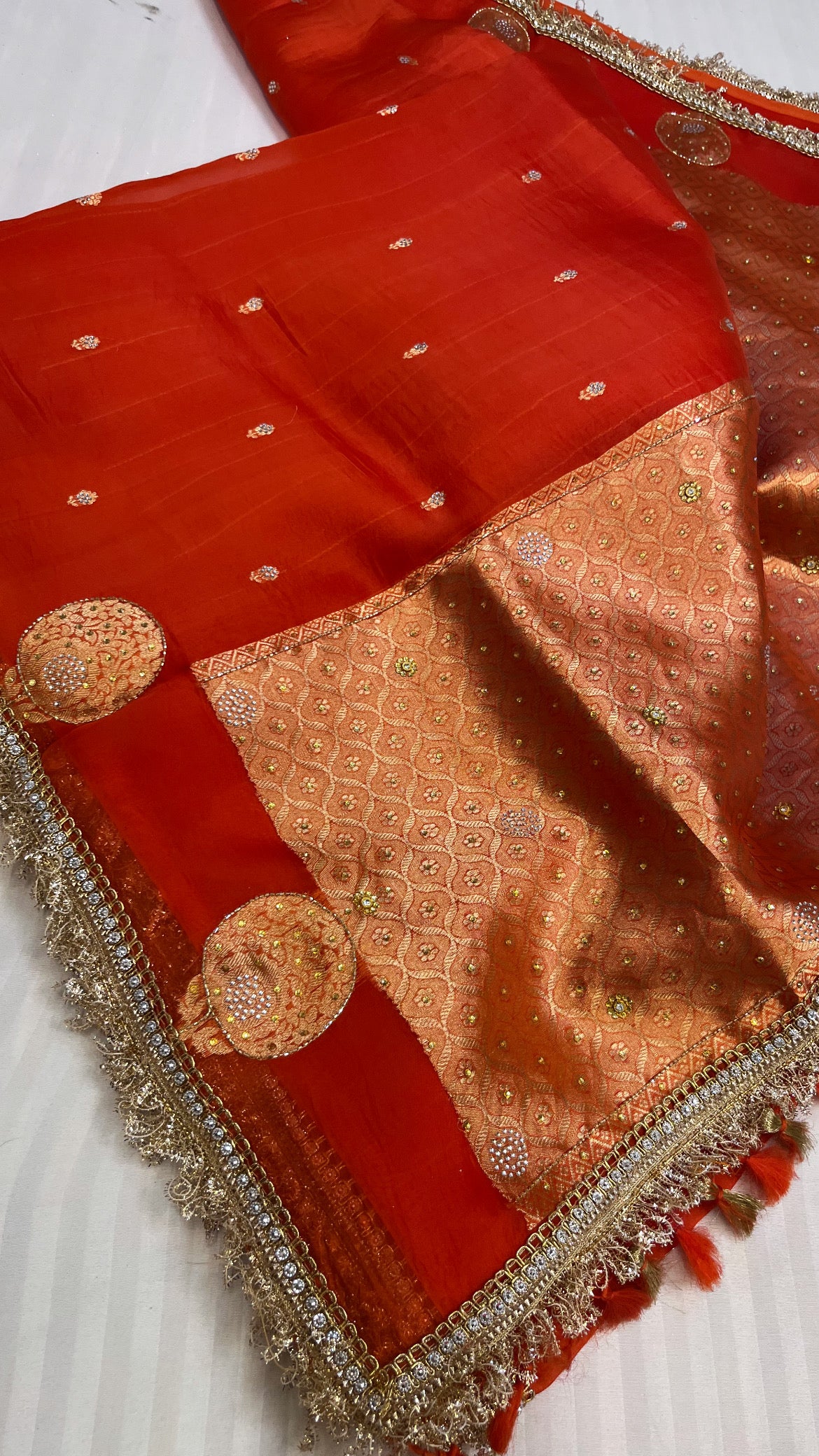 Fanta red sitara kora silk stonework saree