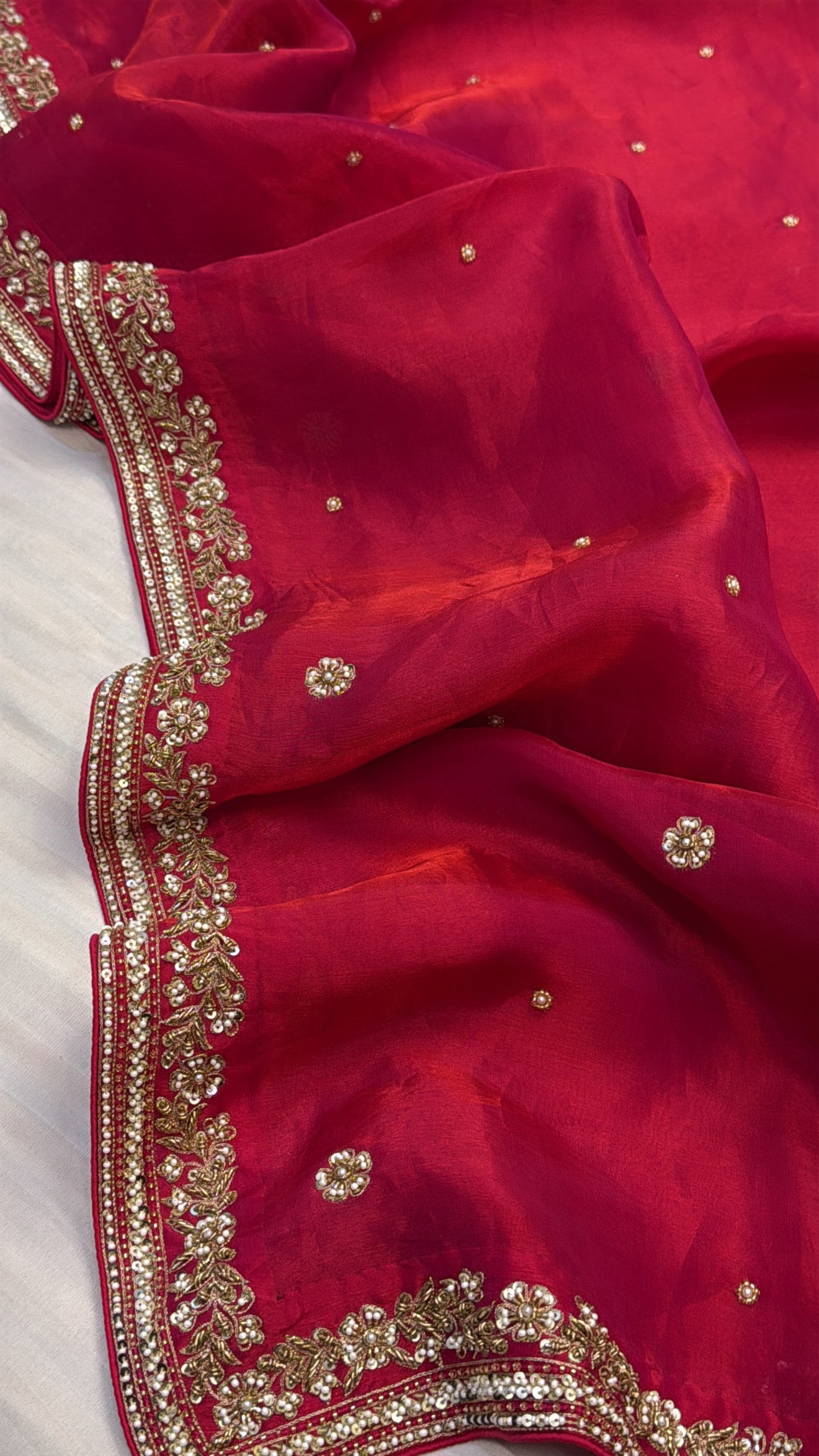 Dhup chao effect red rani tissue silk zardozi hand embroidered banarasi saree