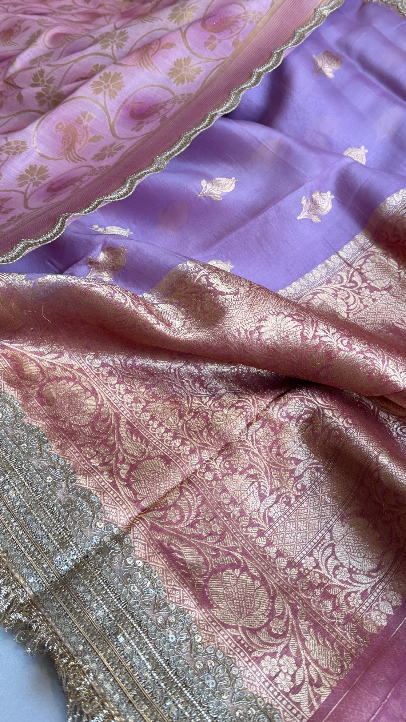 Kora silk chap dye contrast border saree paired with moonga silk duppata set