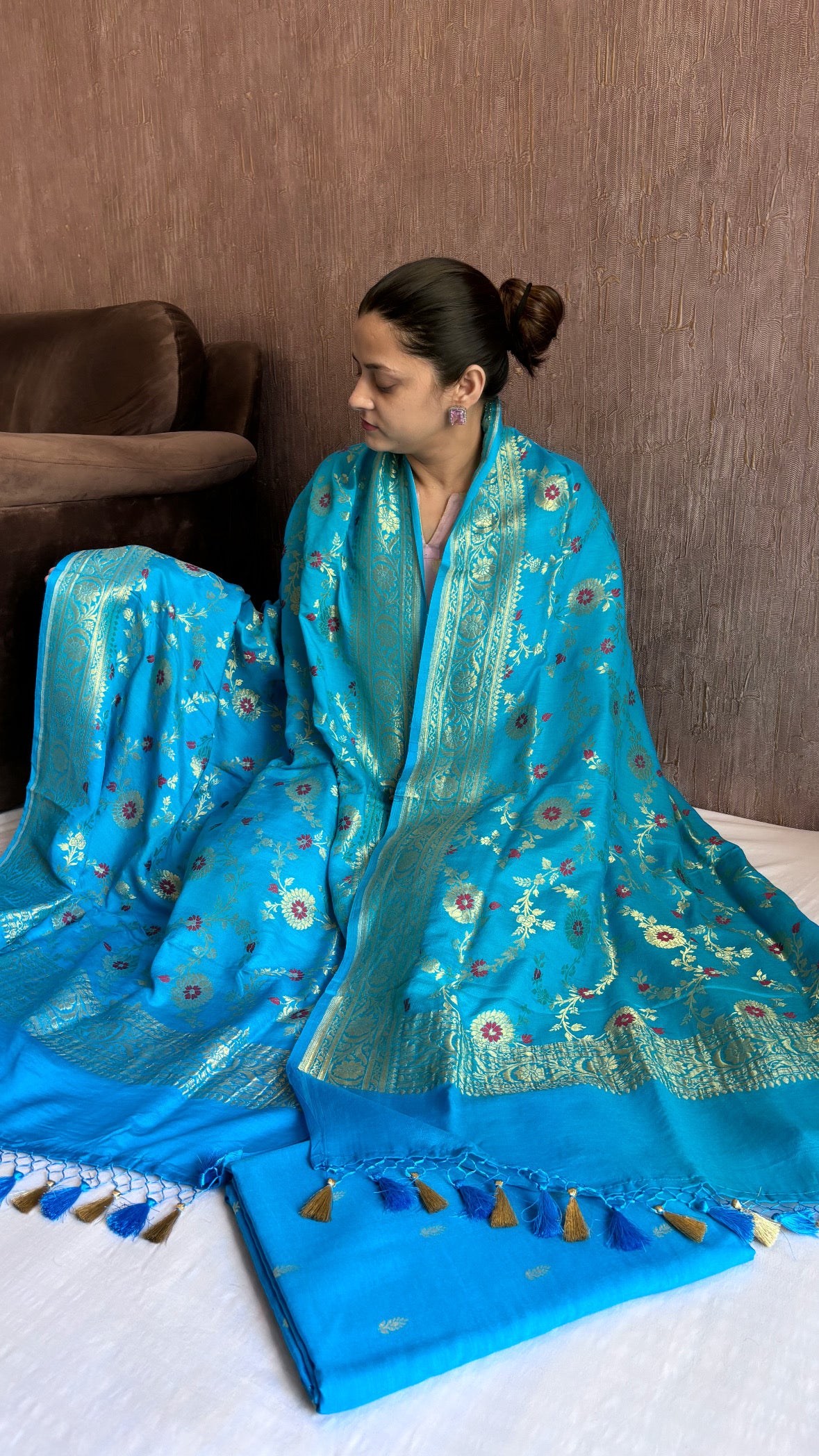 Firozi blue moonga silk meenedar kadhwa jaal suit set