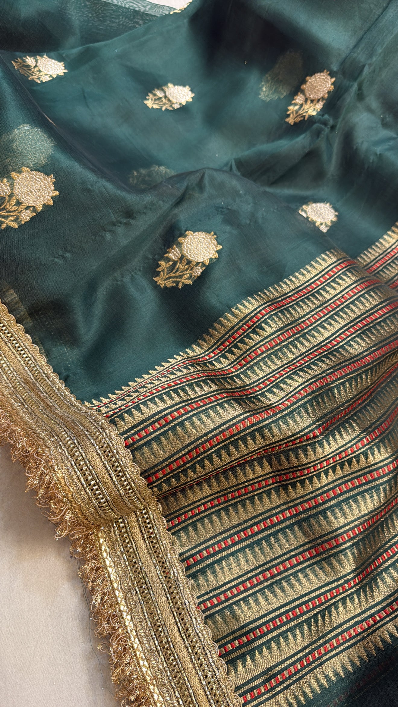 Dark bottle green kora silk meenakari kadhwa gotapatti saree