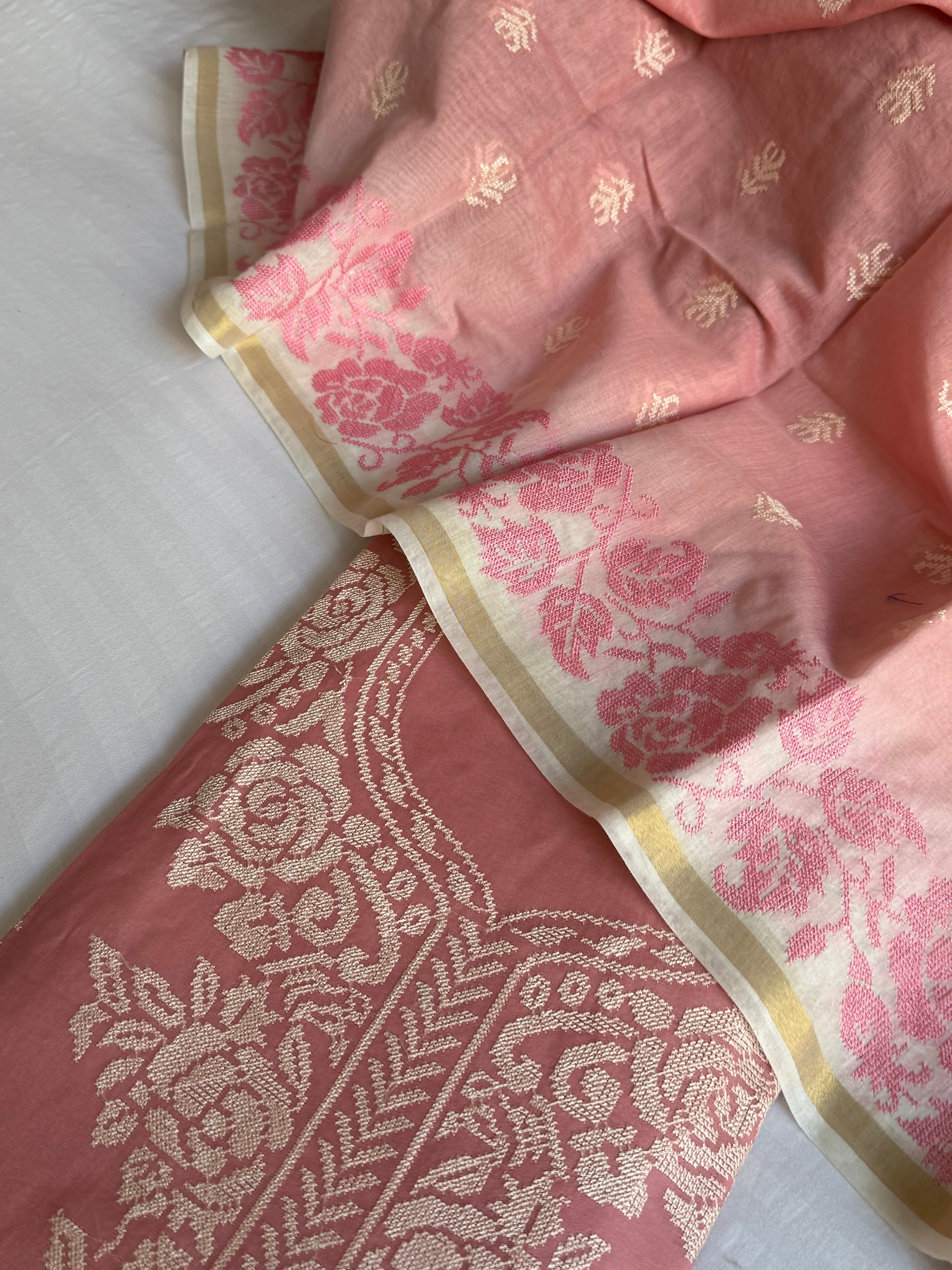 Rose peach mul cotton cross-stitch hand embroidered kadhwa suit set