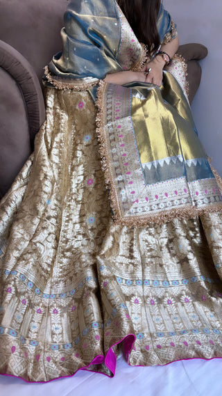 Blueish gold tissue silk kali wale lehenga