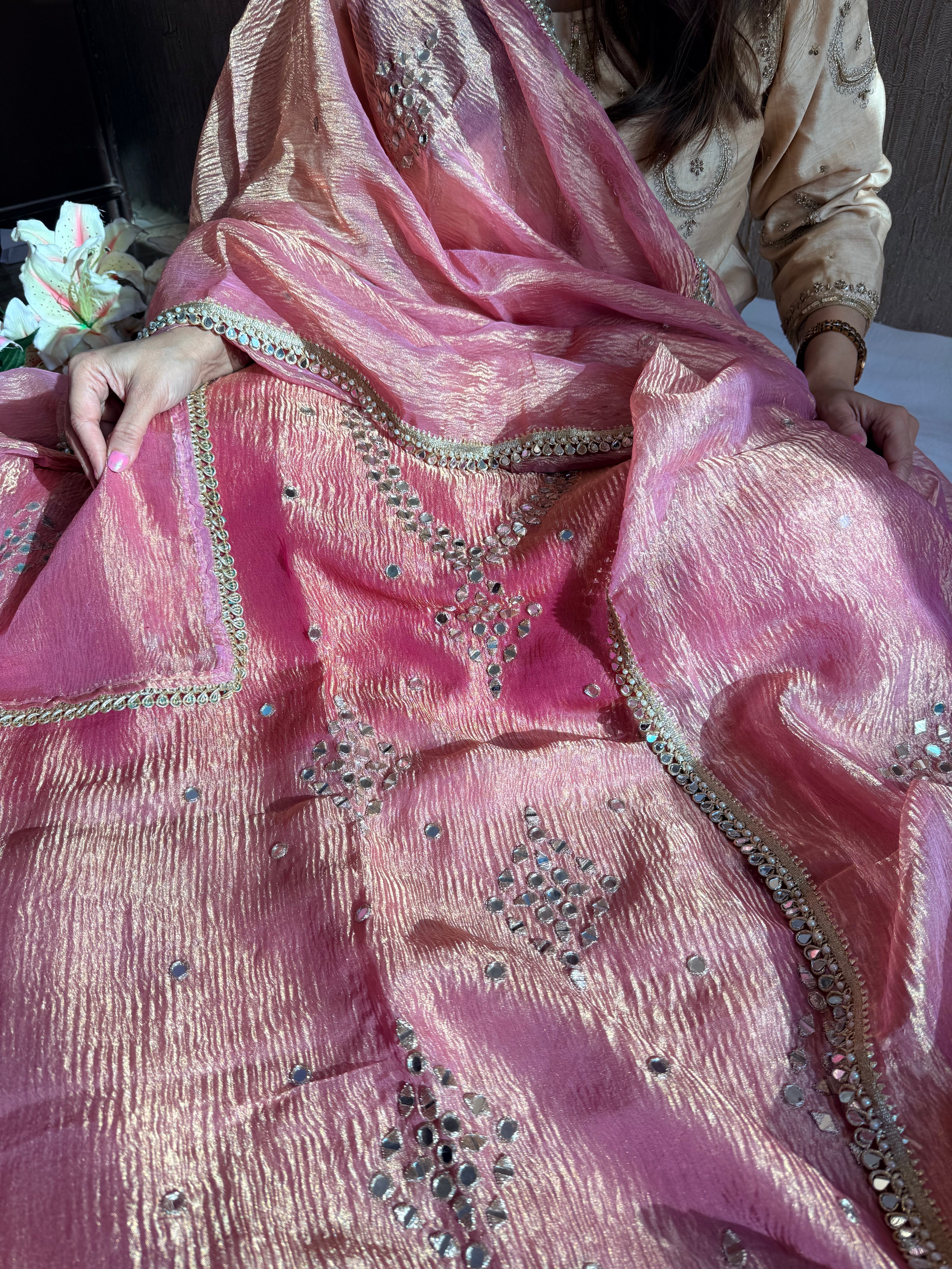 Banarasi tissue silk mirrorwork hand embroidered crushed suit sets