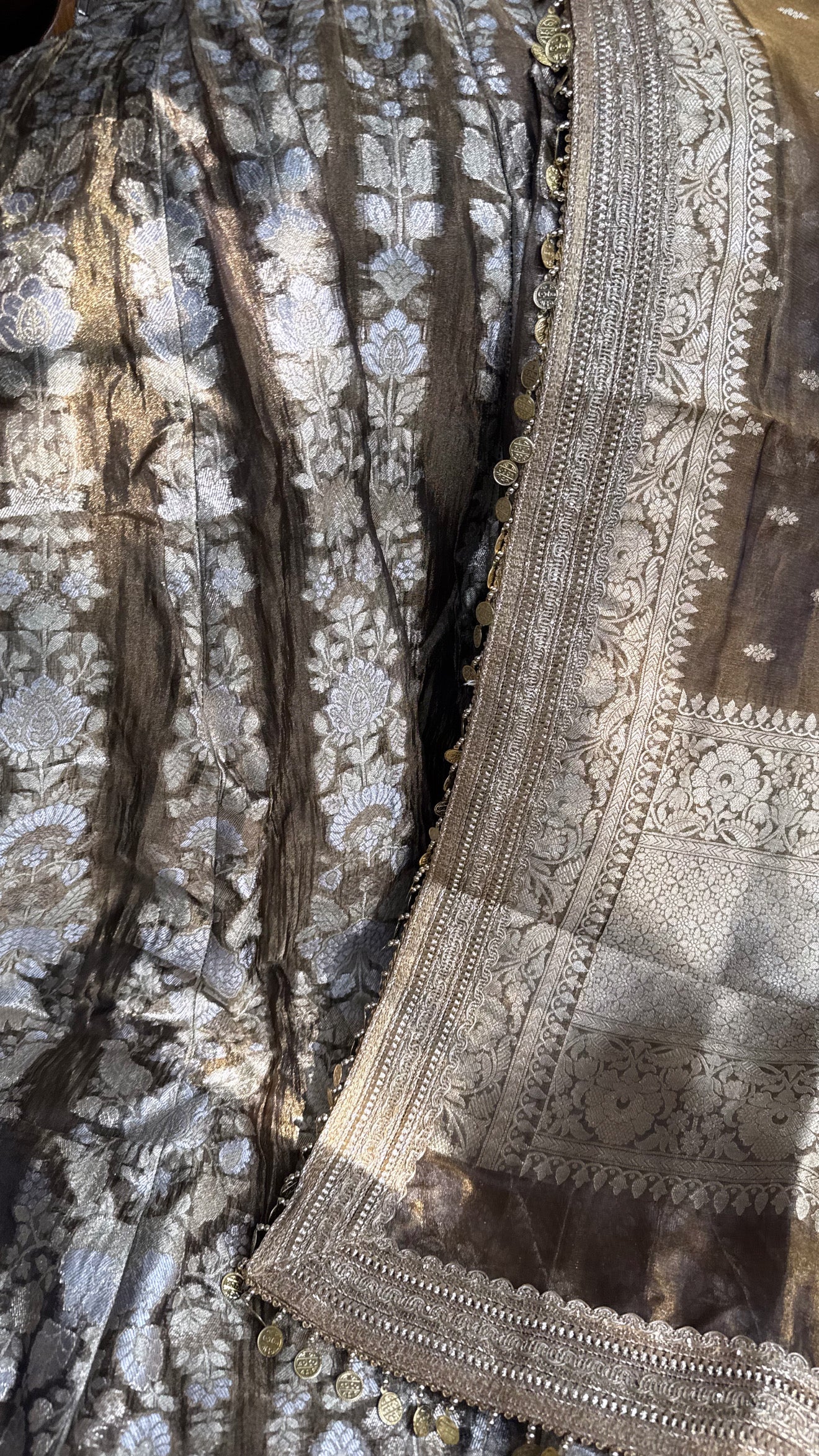 Antique gold tissue silk kali wala lehenga set