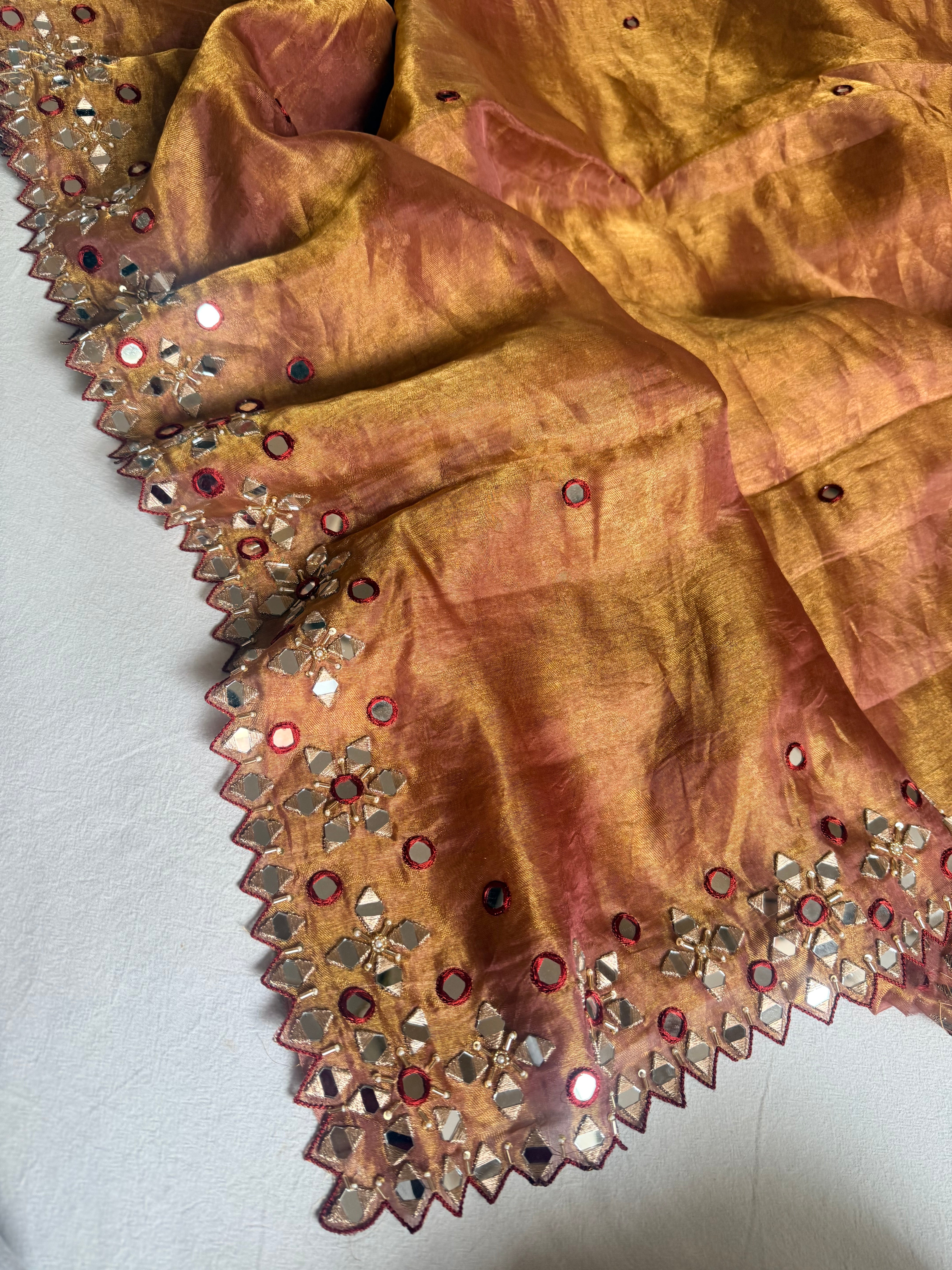 Kanjivaram pink tissue silk mirrorwork hand embroidered saree
