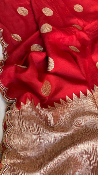 Mastani edit - Blood red moonga silk scalloped hand embroidered kadhwa saree