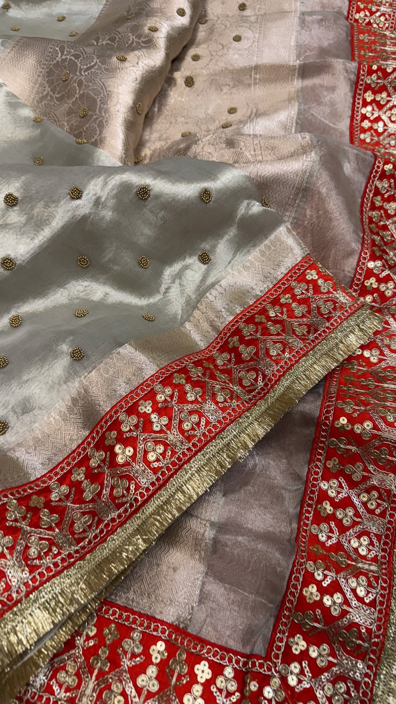 Diamond tissue silk chunri buti hand embroidered panetar saree