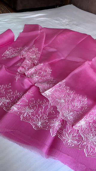 Heeramandi fuschia pink kora silk resham hand embroidered suit set