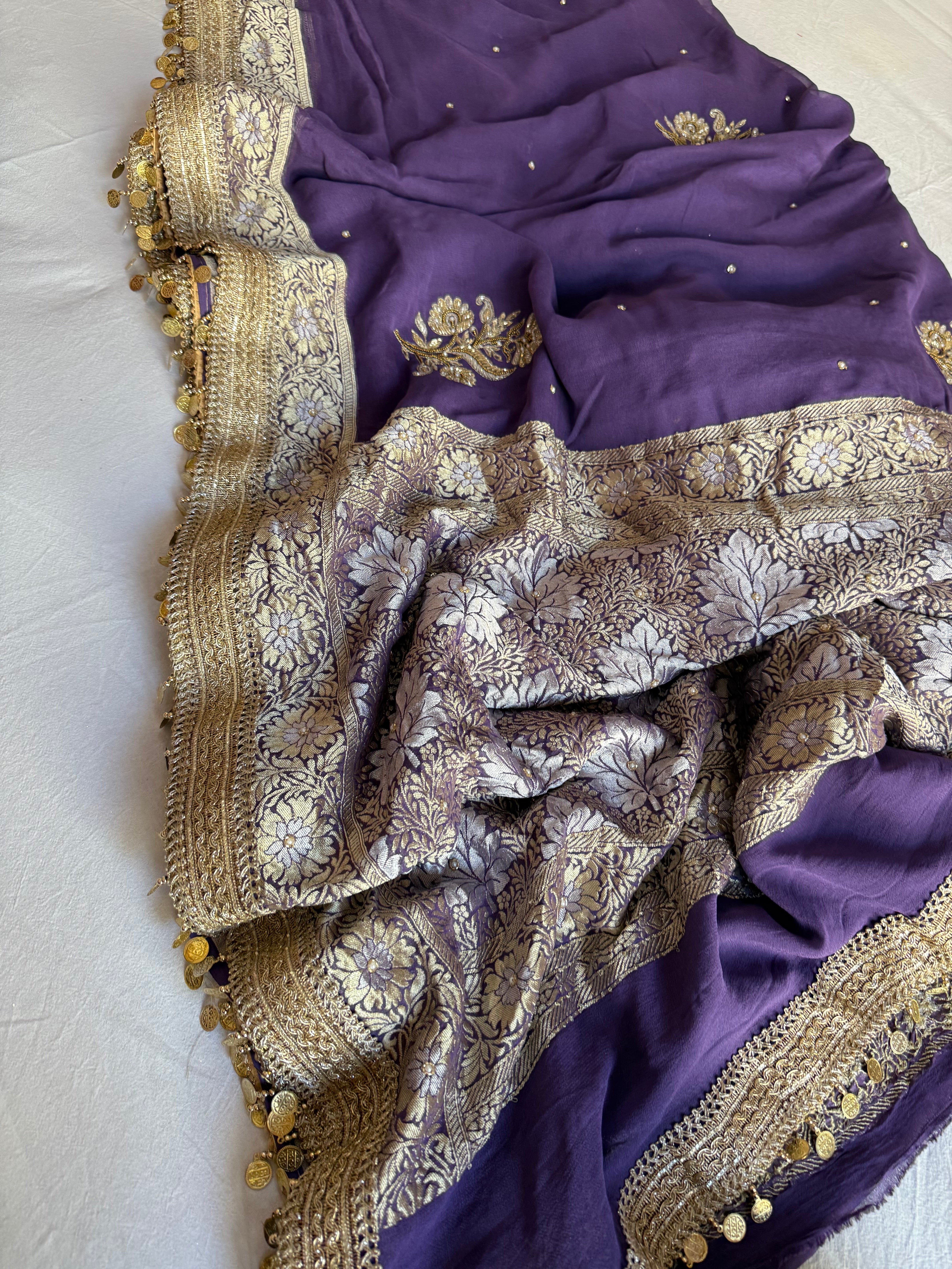 Dusty lavender gorgette banarasi kadhwa hand embroidered saree