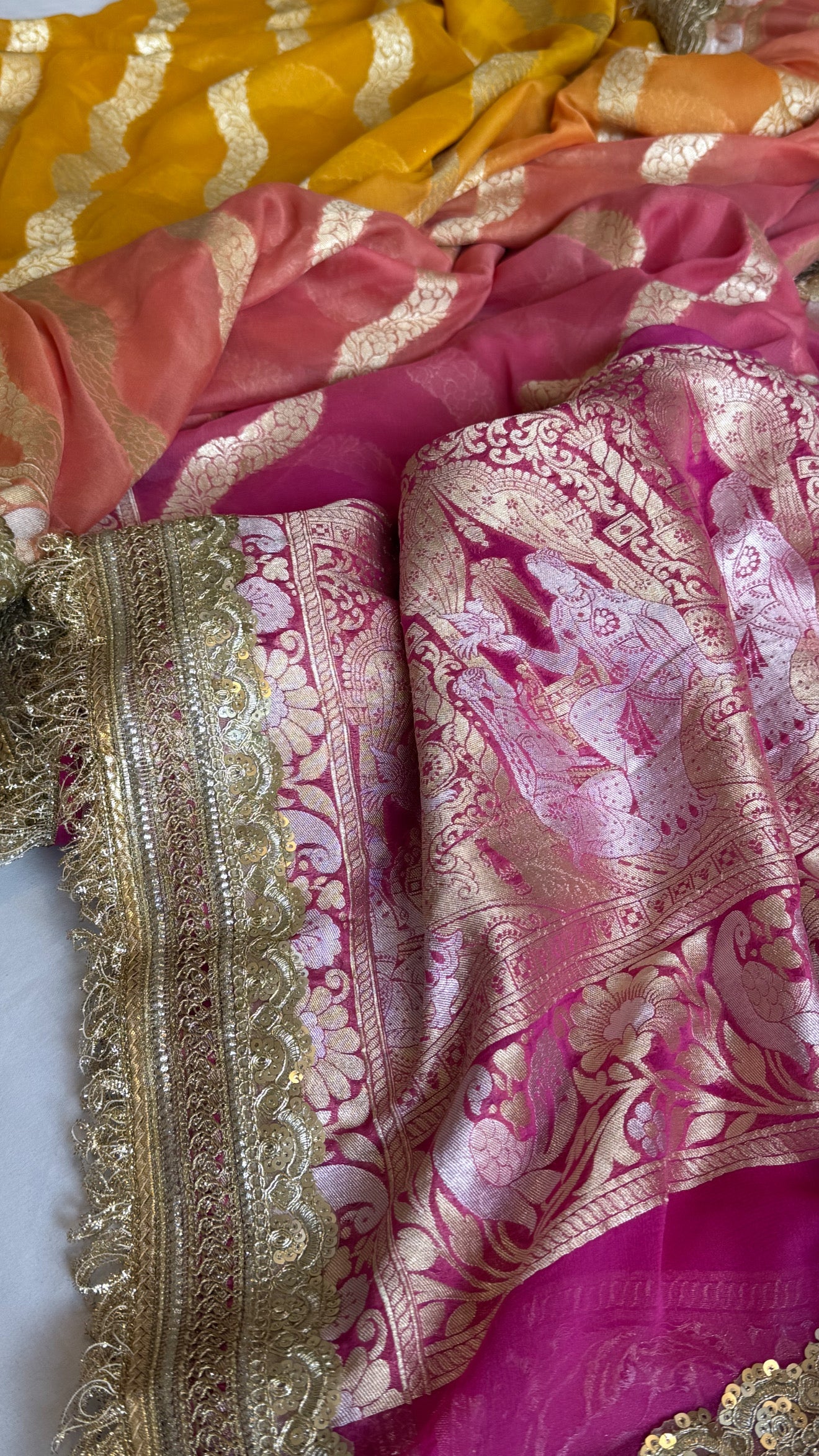 Gayatri devi inspired banarasi chiffon gorgette kadhwa shaded jungla saree