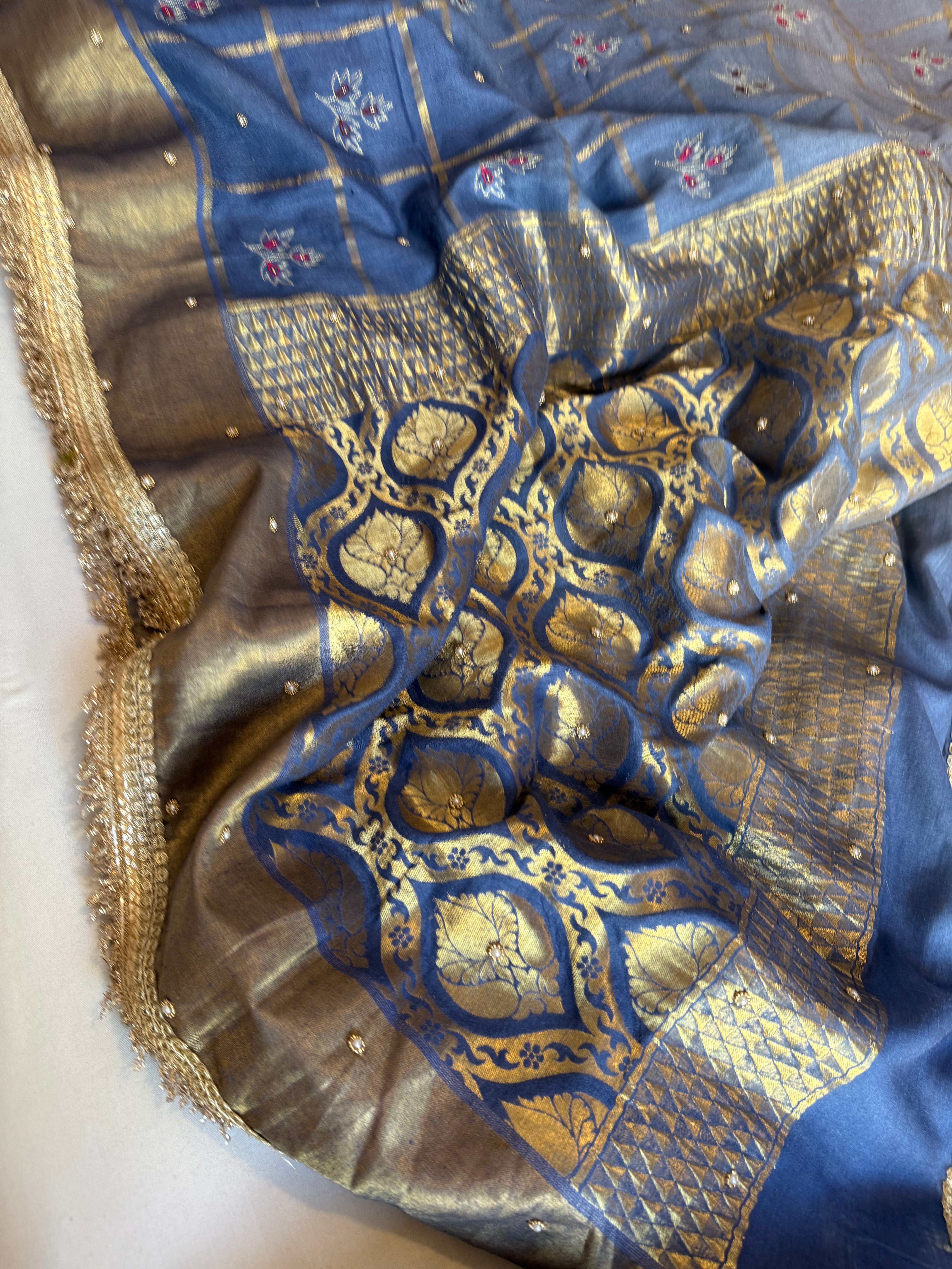 Mastani edit - Aqua blue ombre shaded moonga silk kadhwa hand embroidered saree