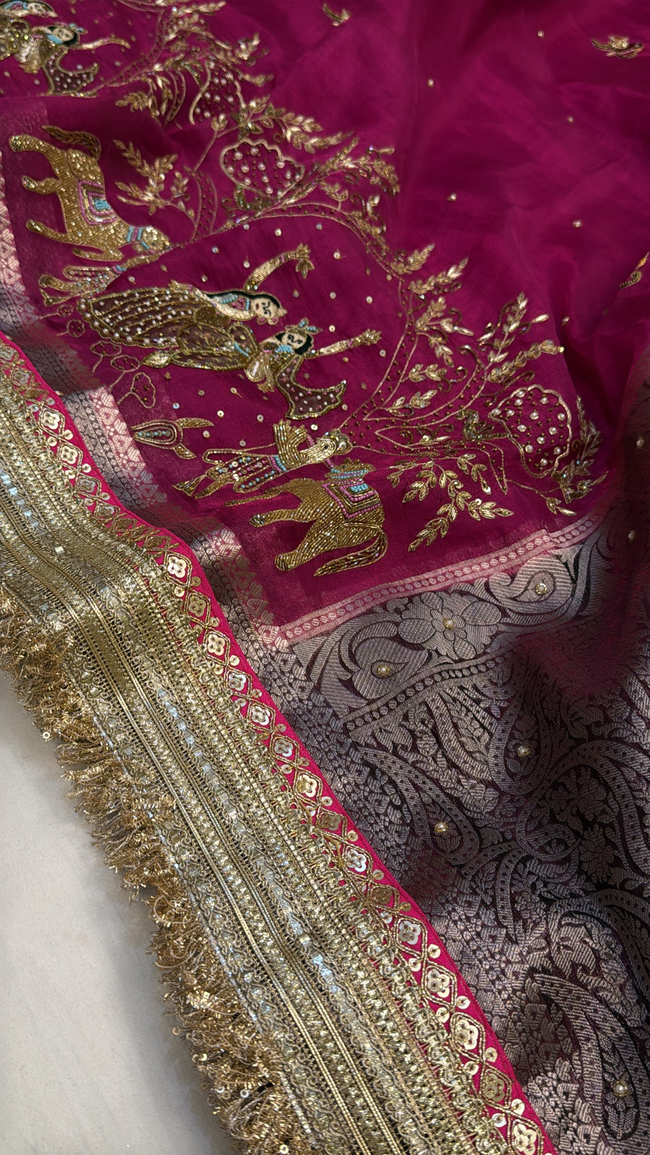 Rani pink rasleela husn hand embroidered kadhwa tissue silk saree