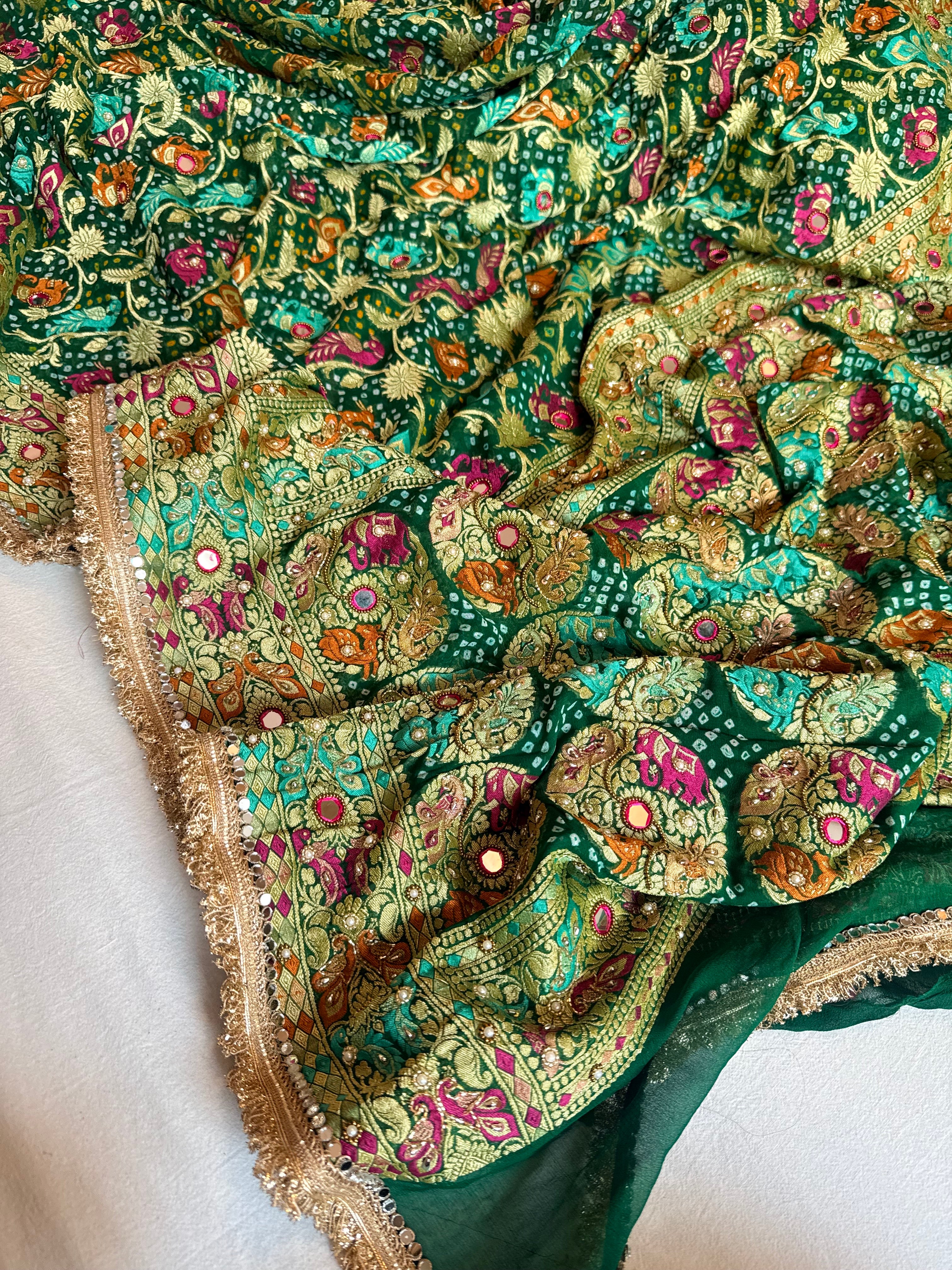 Banarasi chiffon gorgette rai bandhej kadhwa weaving hand embroidered saree
