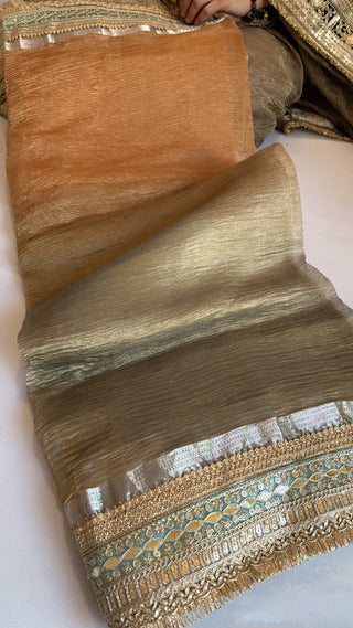 Maharani orangey-gold ombre shaded crushed tissue silk saree