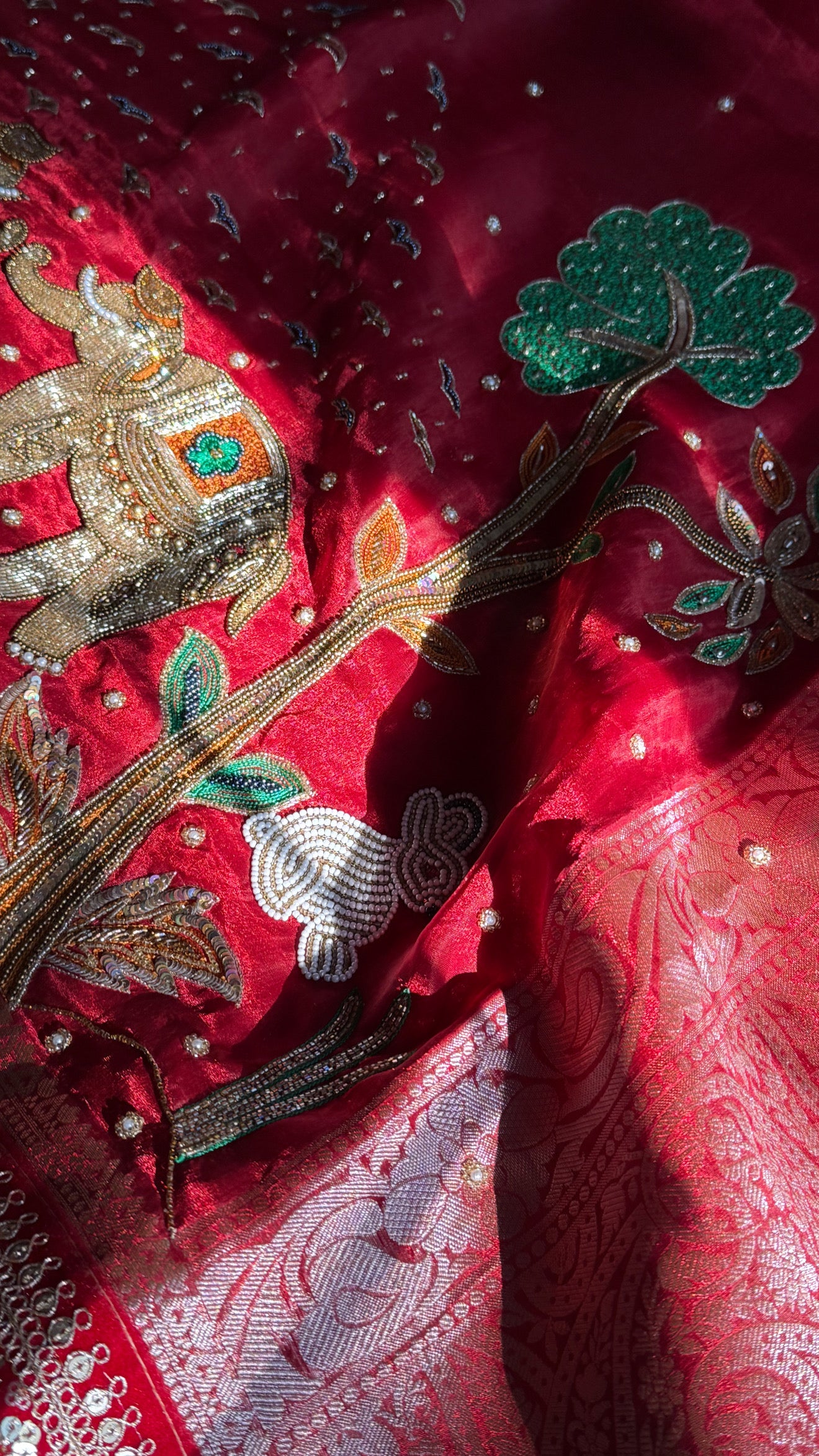 Teej special - Tomato blood red tissue silk elephant motif hand embroidered kadhwa saree