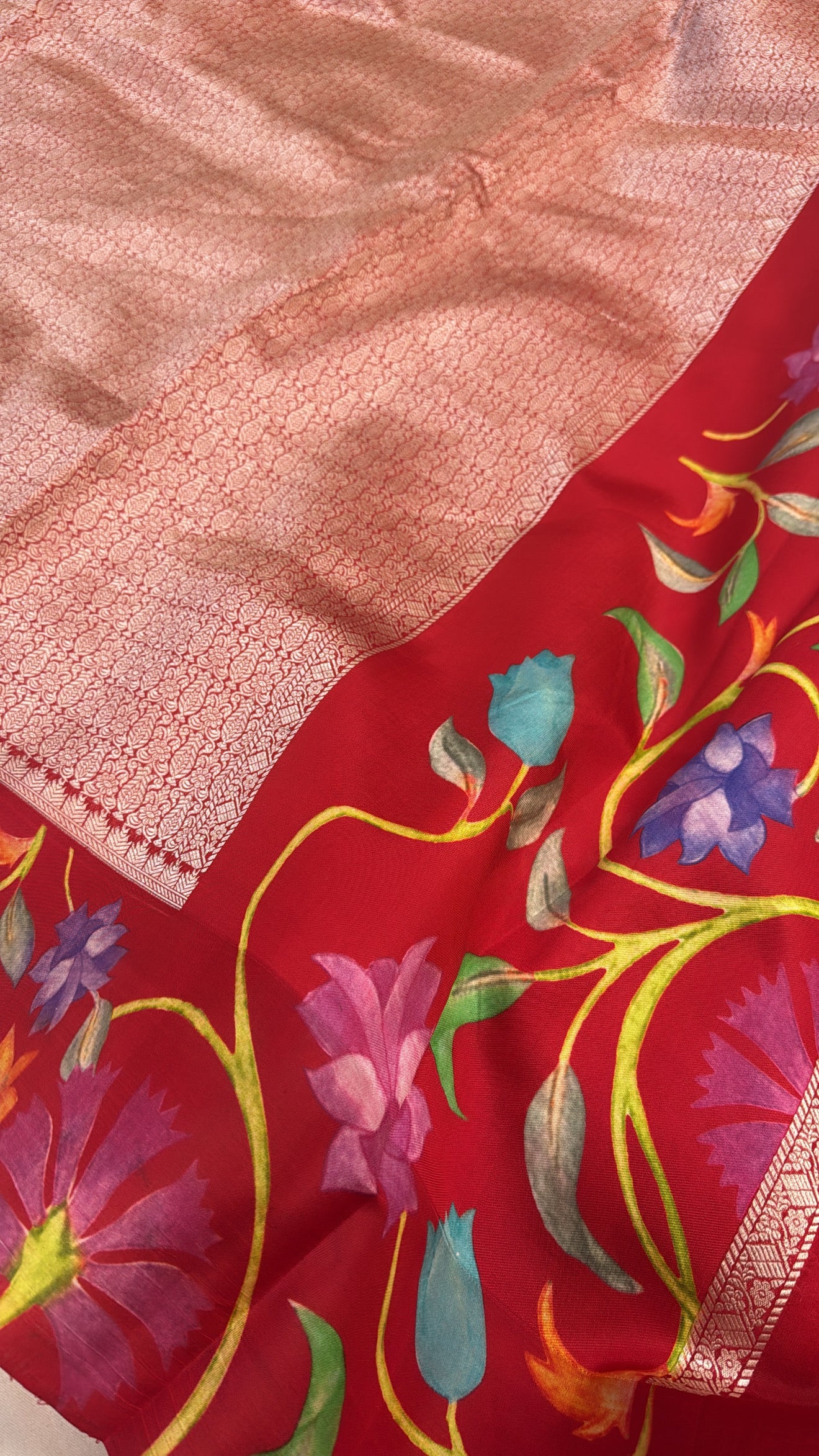 Bridal red banarasi brocade silk floral satin border kadhwa weaving saree