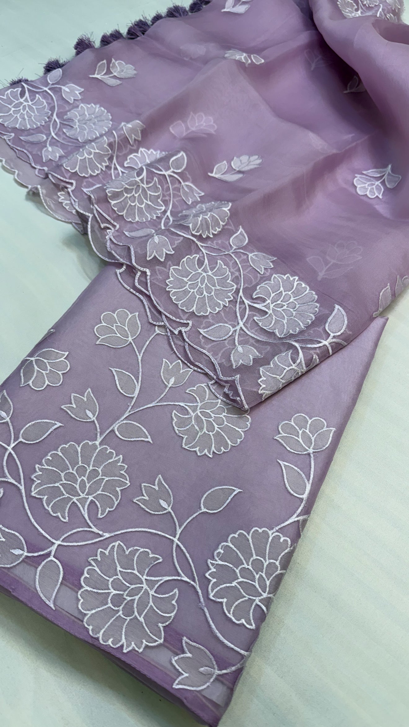 Dreamy lilac kora silk hand embroidered appliqué work suit set