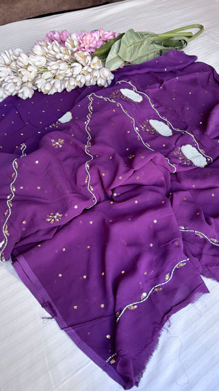 Pure banarasi purple gorgette katdana and mukaish pearl hand embroidered suit set