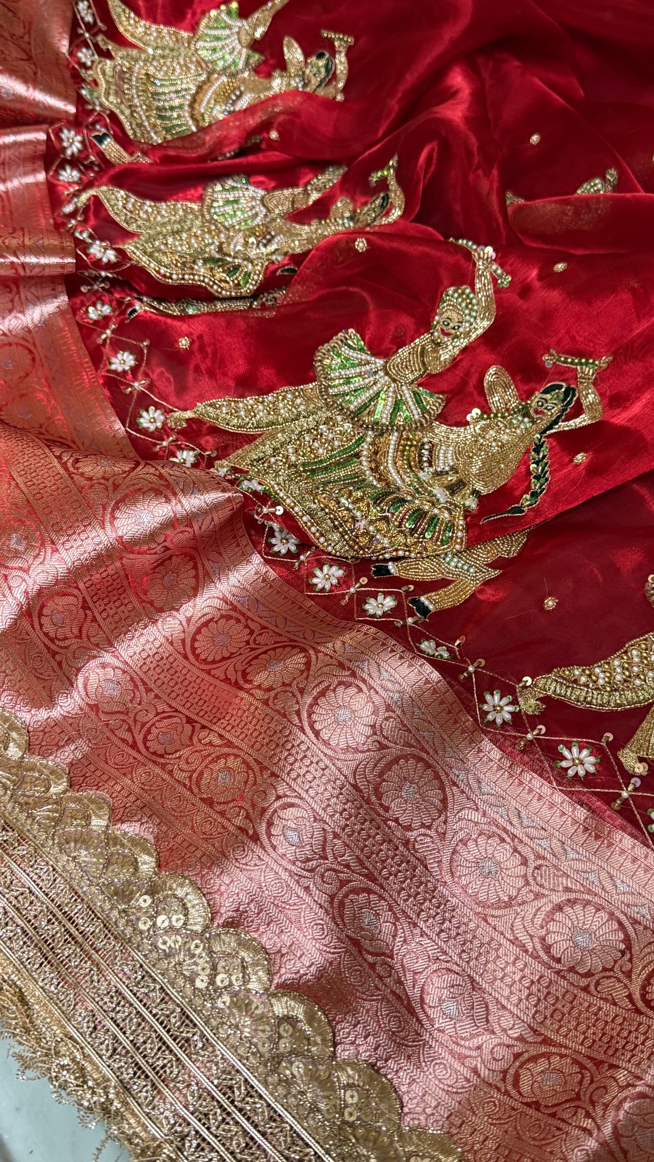 Dandiya wali laal saree - blood red garba theme hand embroidered kadhwa tissue silk saree
