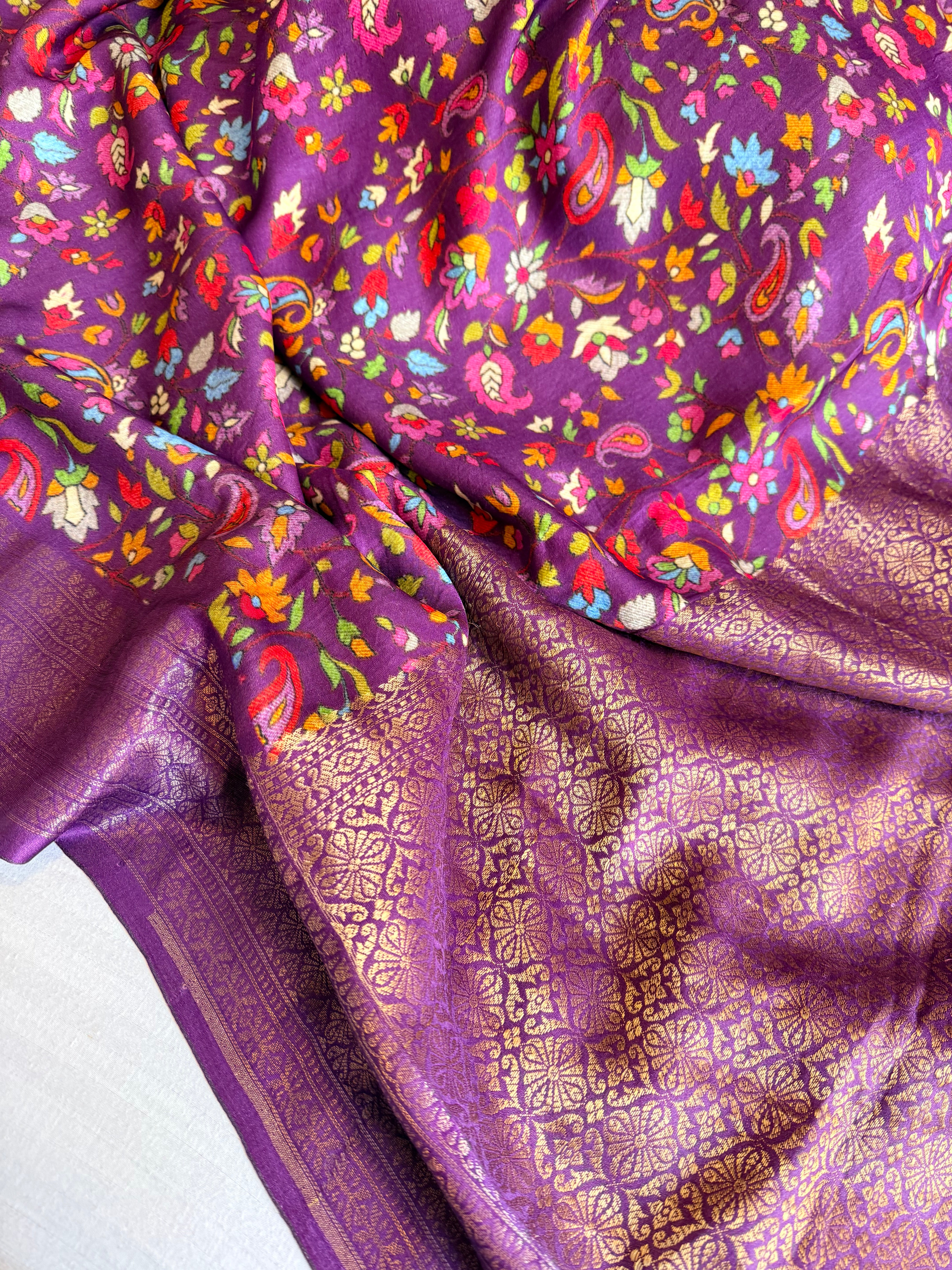 Banarasi mashru satin silk kani weaving printed purple saree