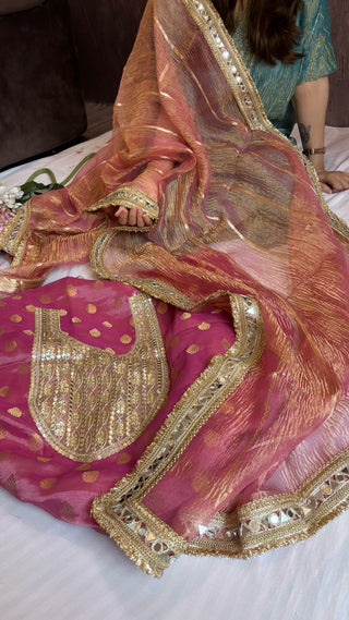 Hot pink heeramandi crushed tissue silk suit set