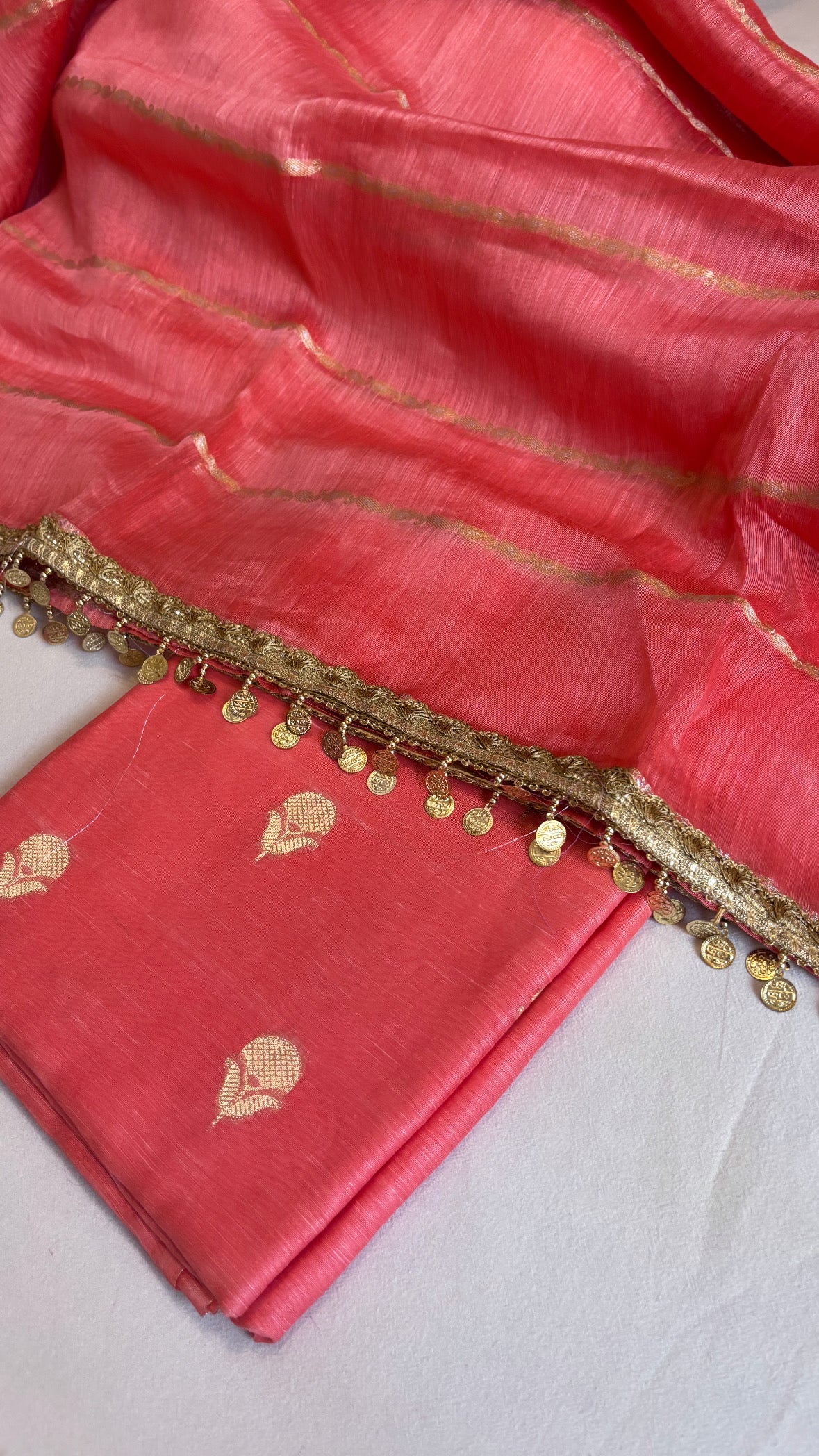 Neon peach linen gorgette suit sets