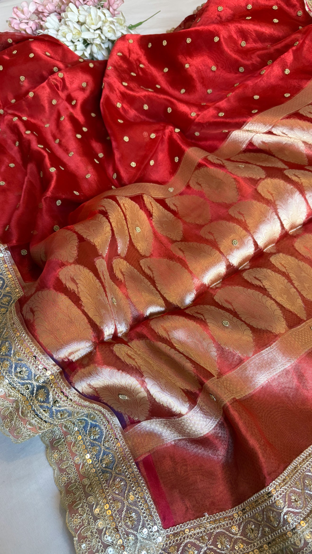 Maharani chunri buti hand embroidered kadhwa tissue silk saree