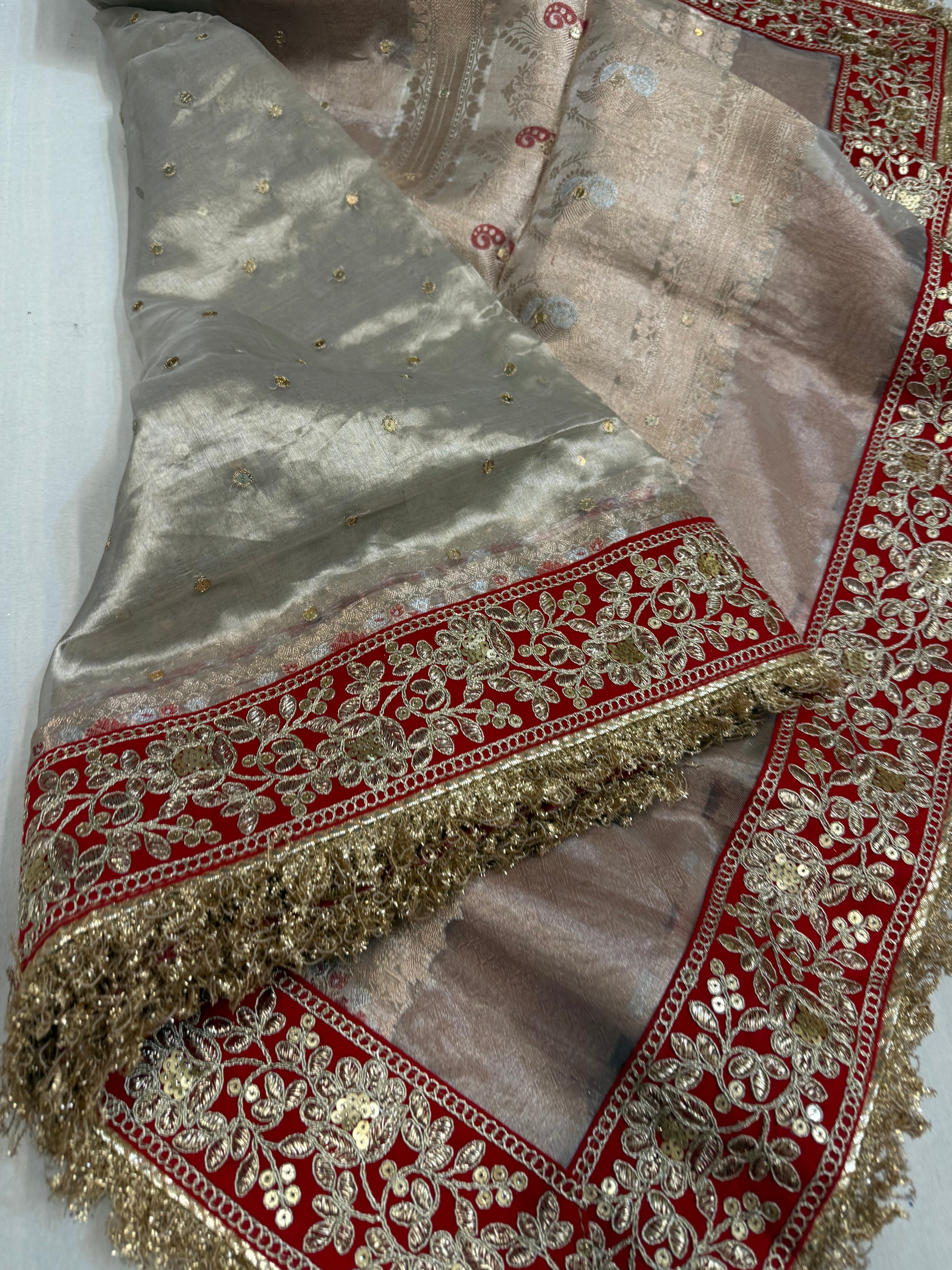 Diamond tissue silk chunri buti hand embroidered panetar saree