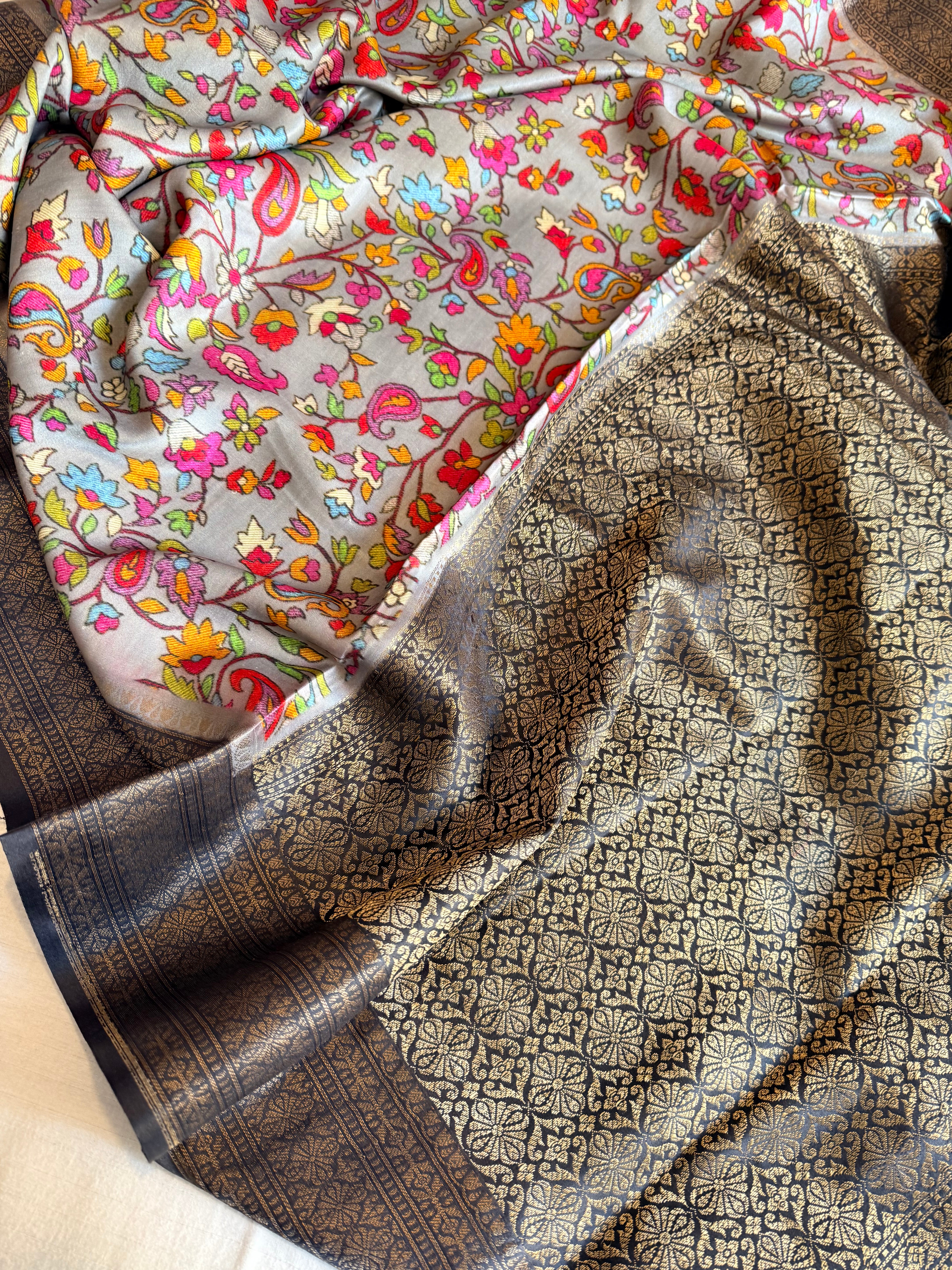 Banarasi mashru satin silk kani weaving printed saree