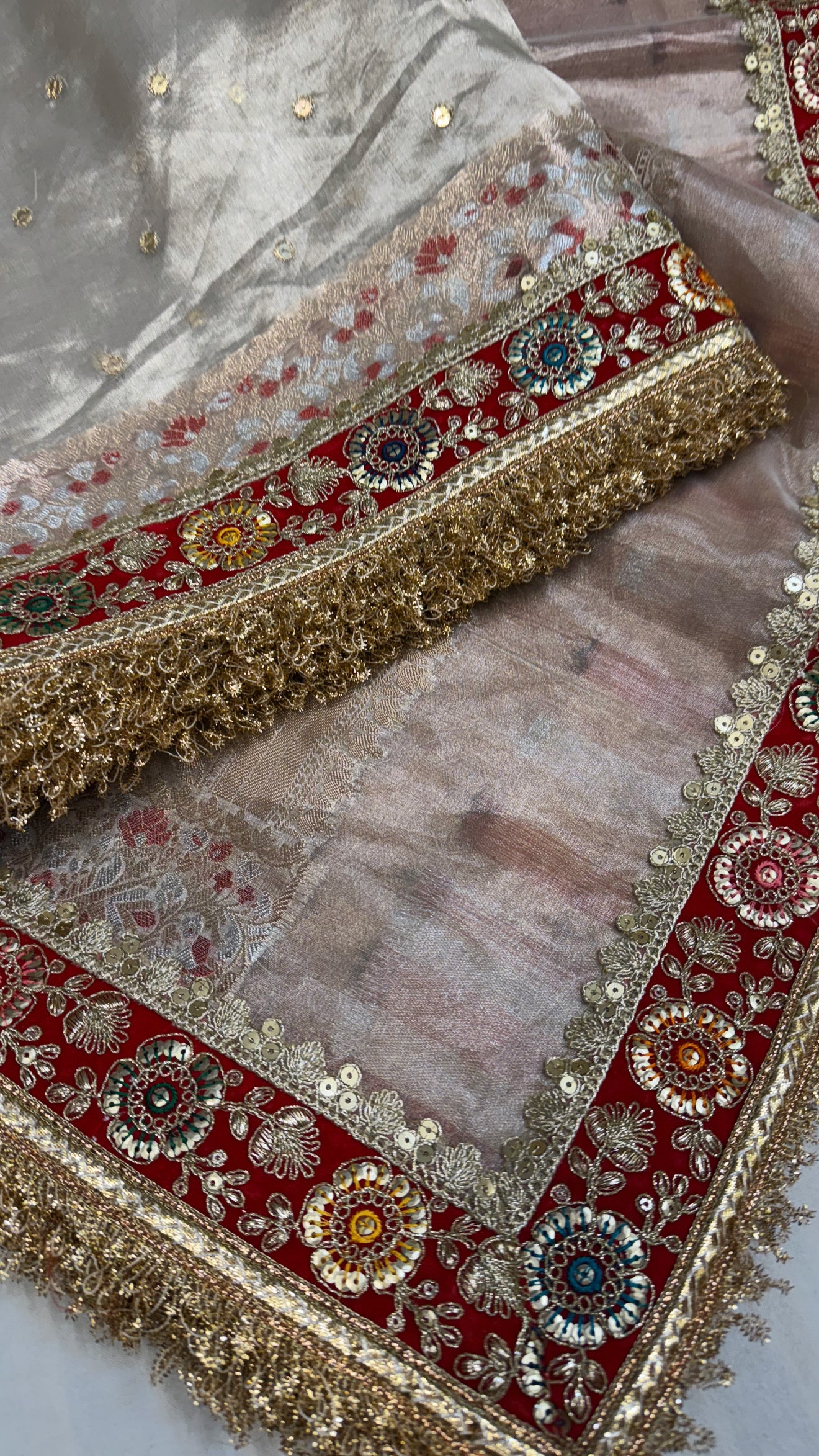 Diamond tissue silk chunri buti hand embroidered panetar saree