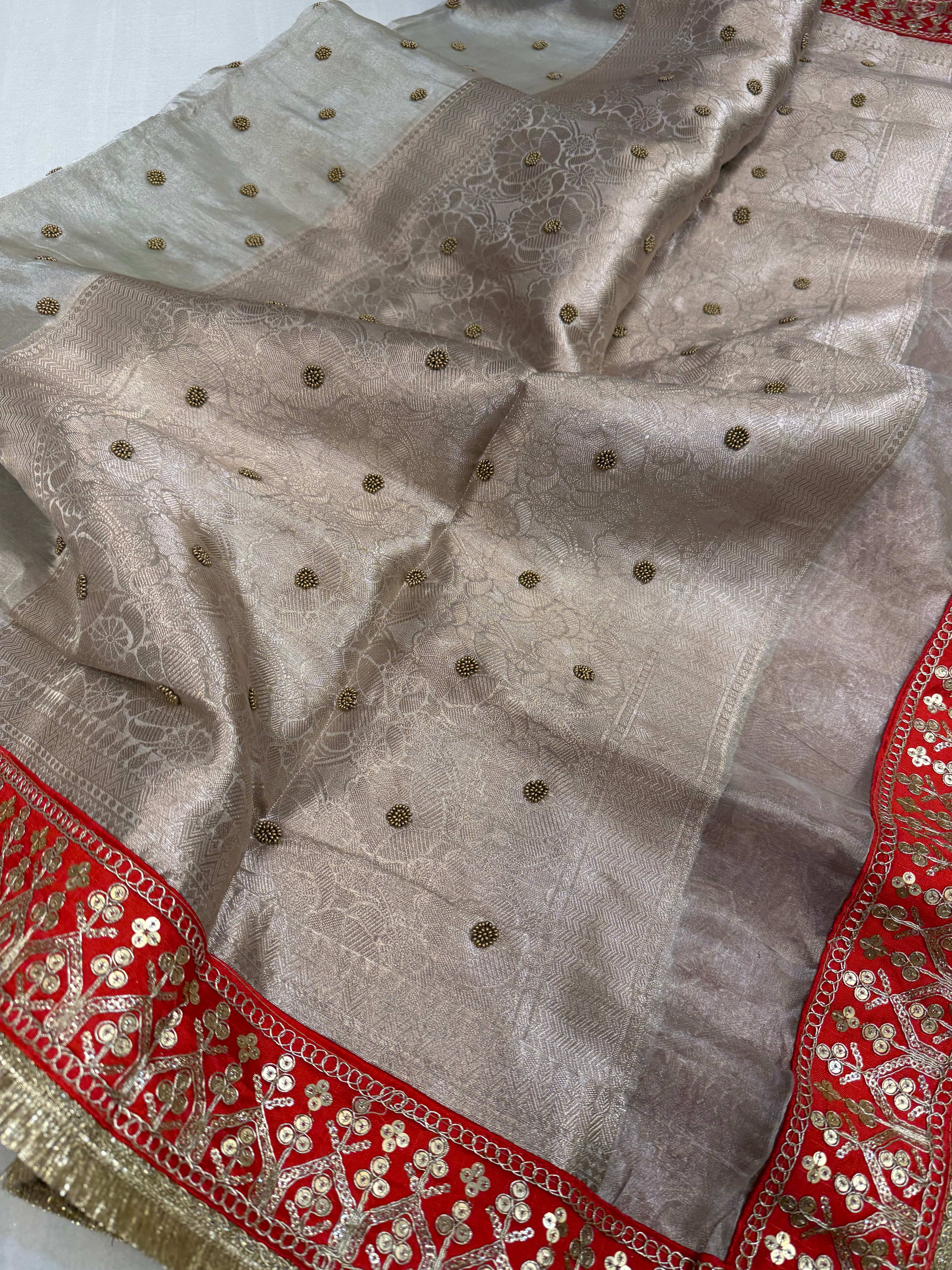 Diamond tissue silk chunri buti hand embroidered panetar saree