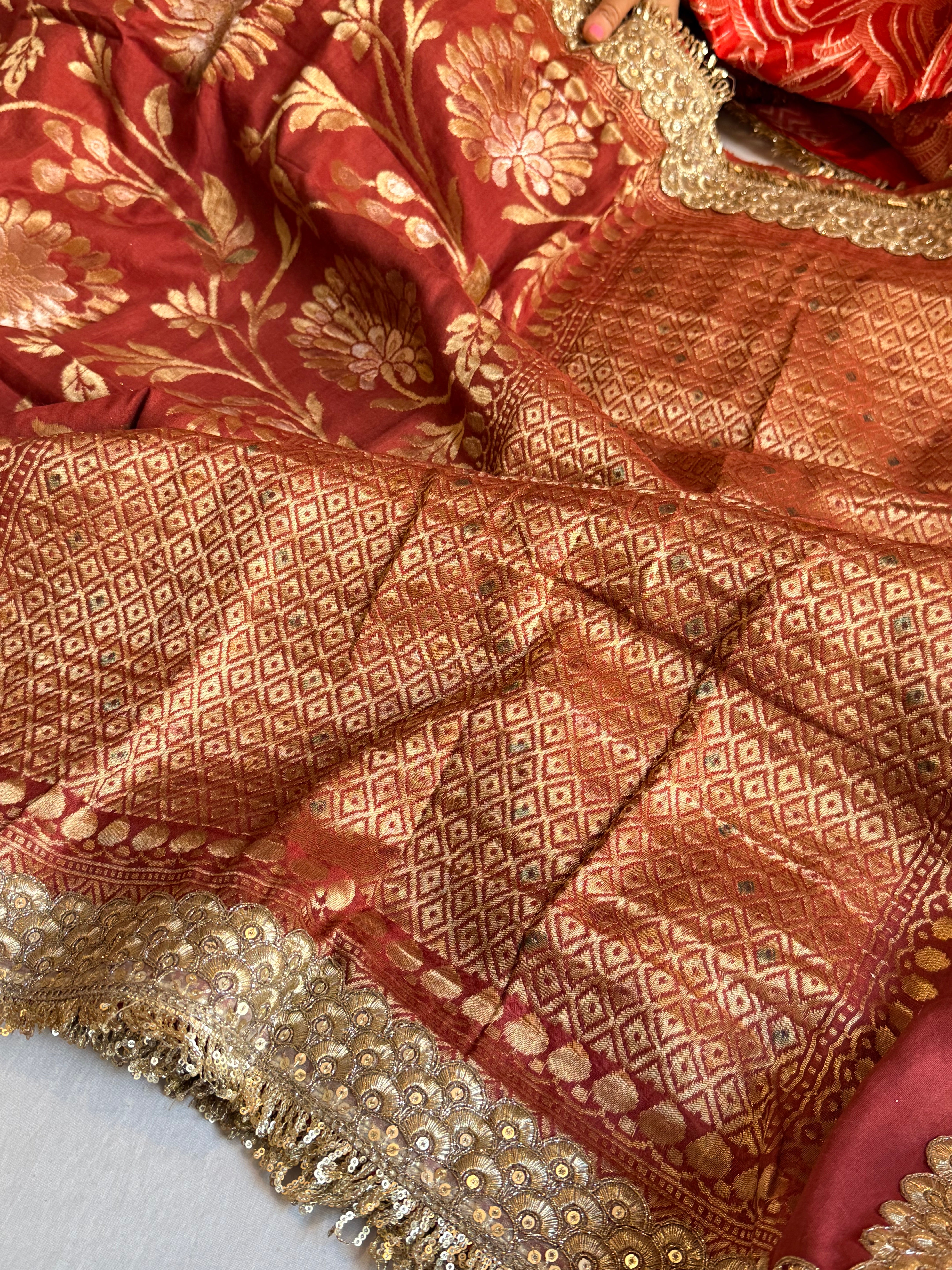 Maroonish red moonga silk meenakari jungla kadhwa saree