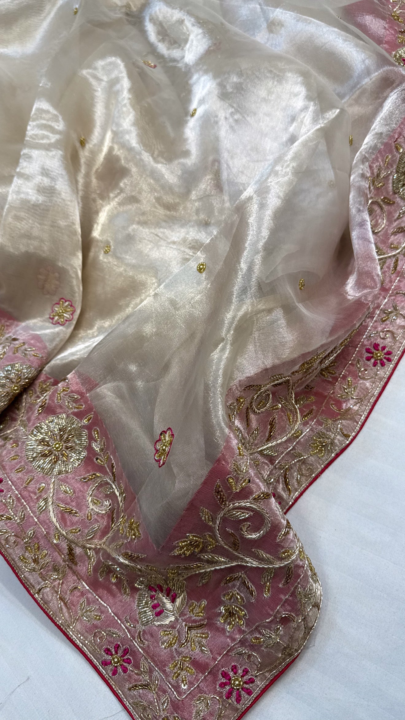 Gulab ki pankhuri husn tissue silk heavy zardozi hand embroidered border saree