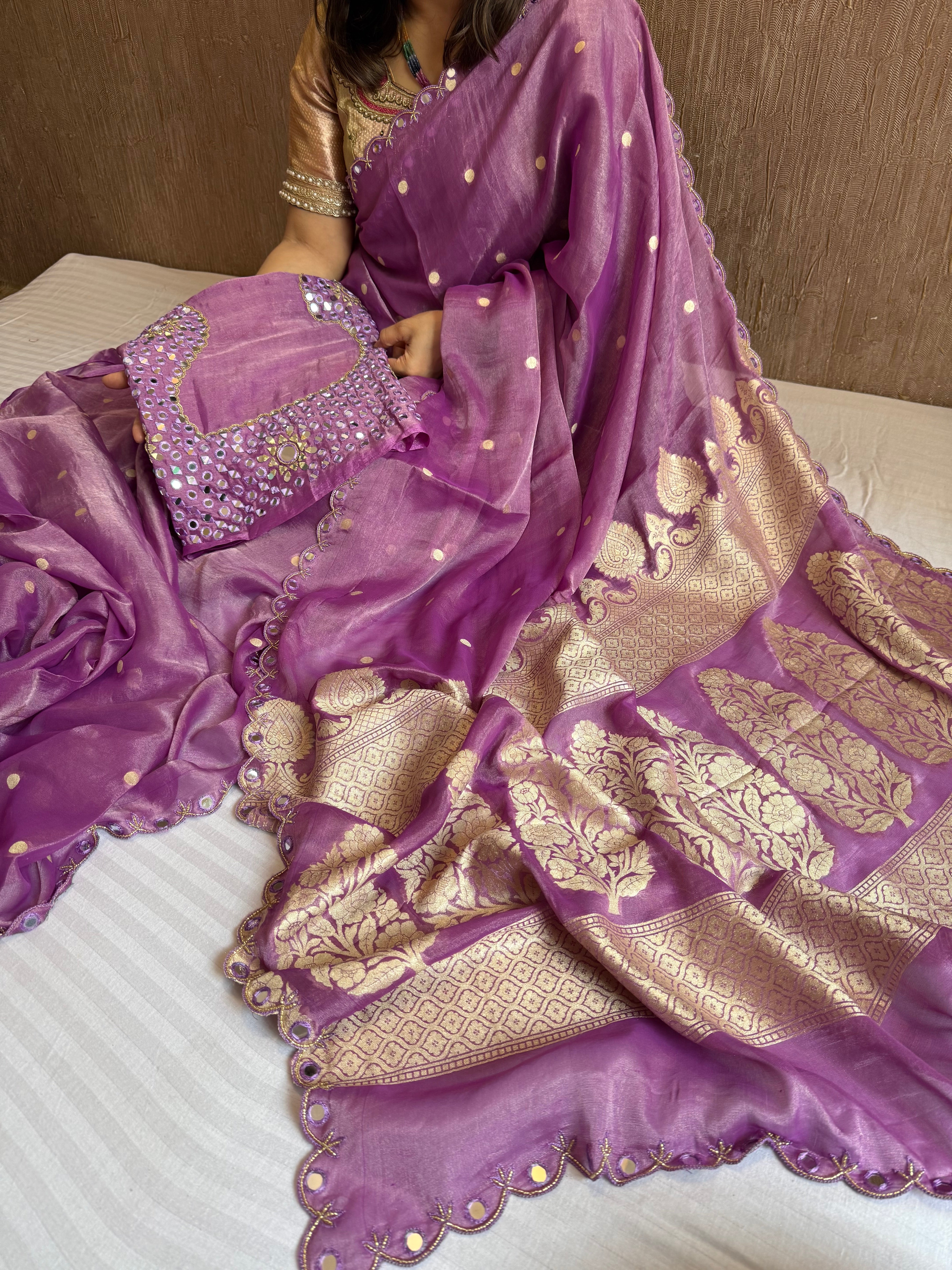 Deep purple tissue gorgette kadhwa hand embroidered saree