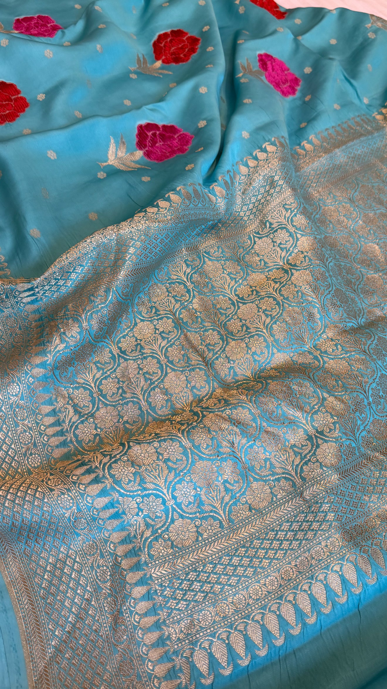 Ice blue banarasi mashru silk velvet buti kadhwa weaving saree