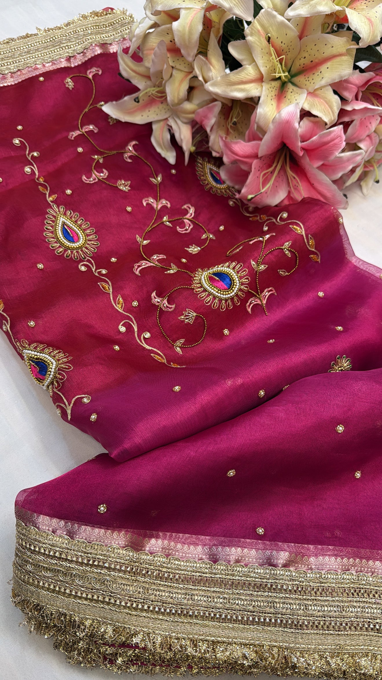 Magenta pink ombre shaded zardozi work husn tissue silk hand embroidered saree